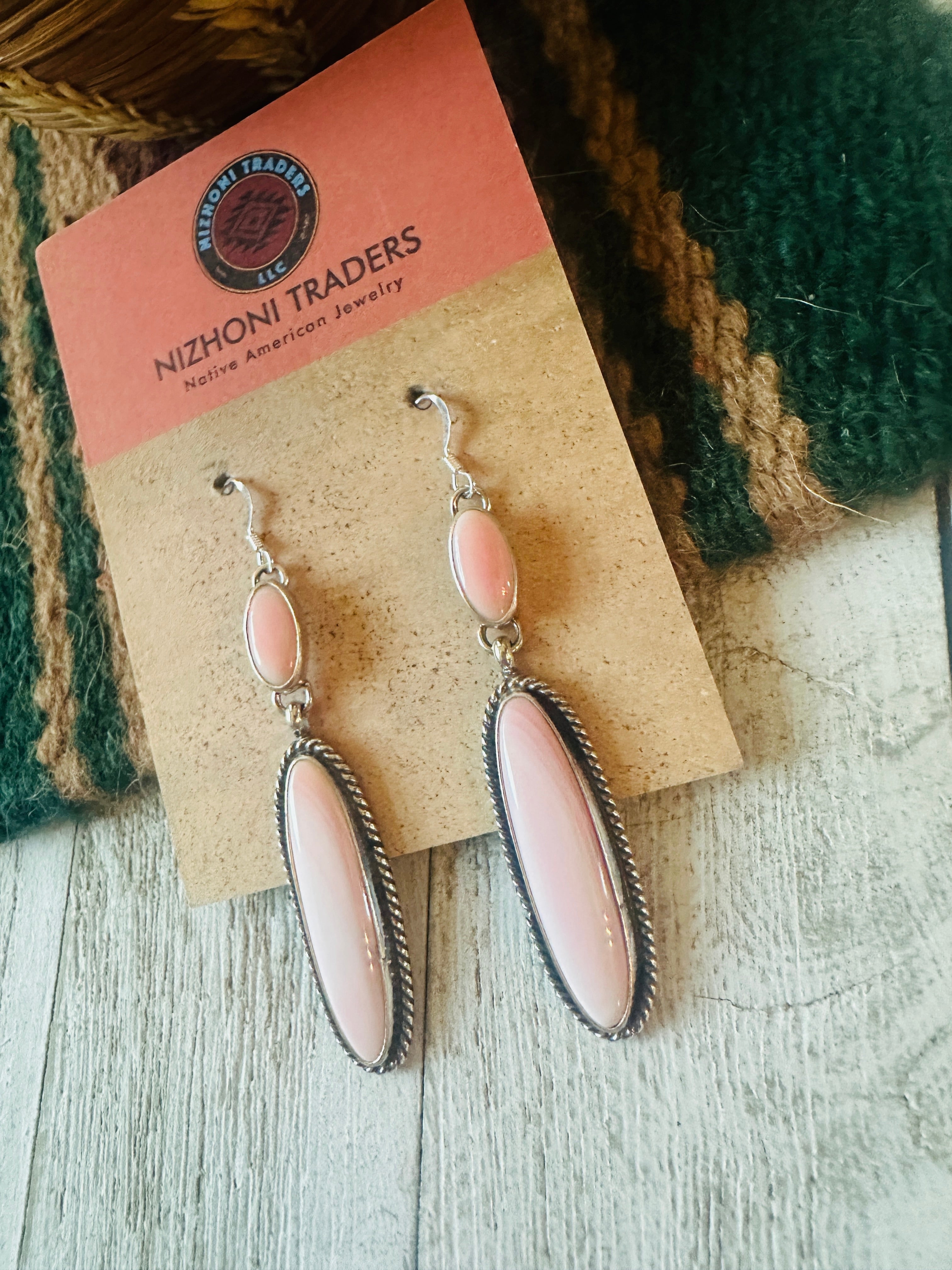 Navajo Sterling Silver & Queen Pink Conch Dangle Earrings