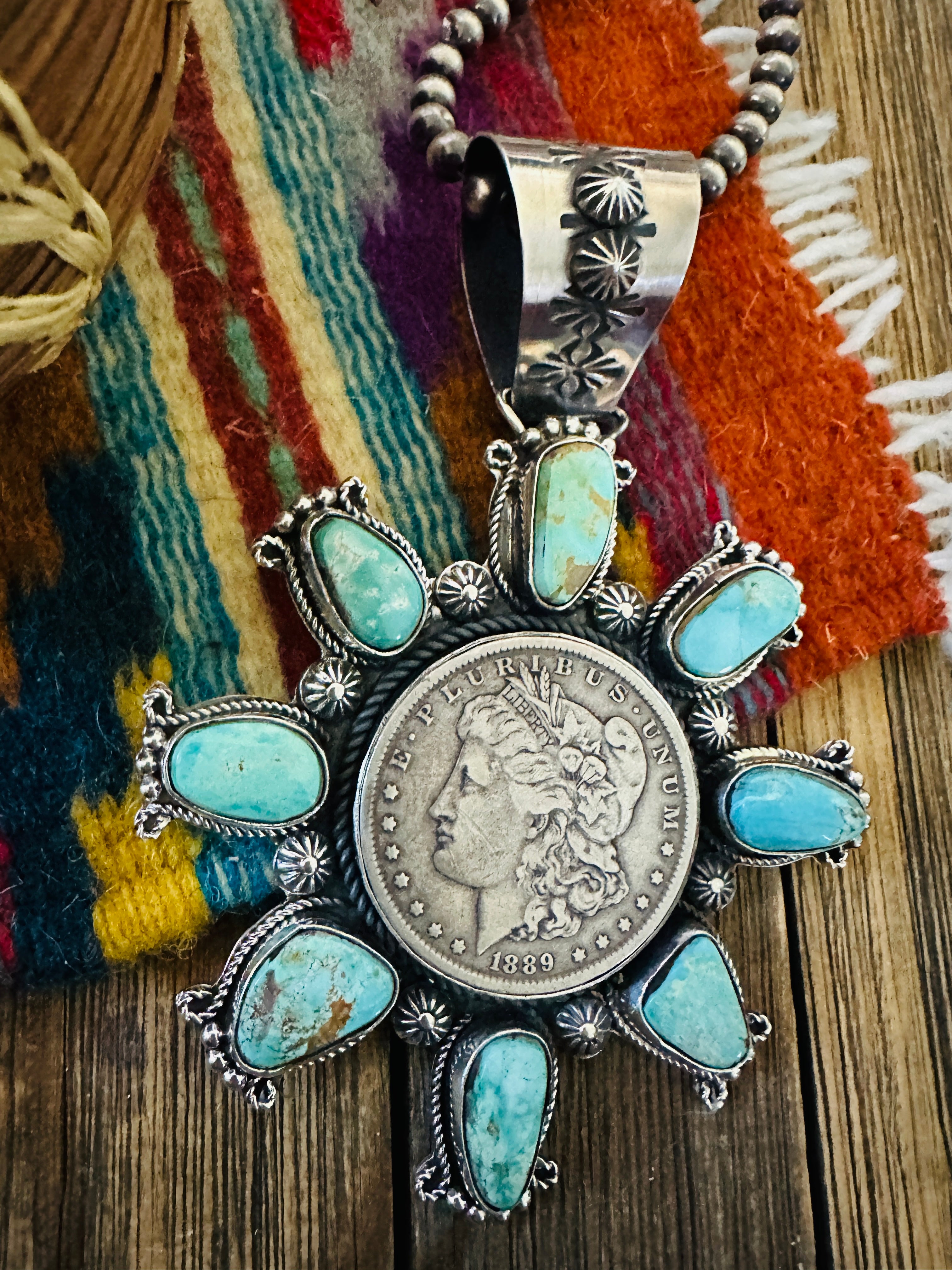 Handcrafted Sterling Silver & Turquoise Morgan Dollar Pendant by Rosella Paxson