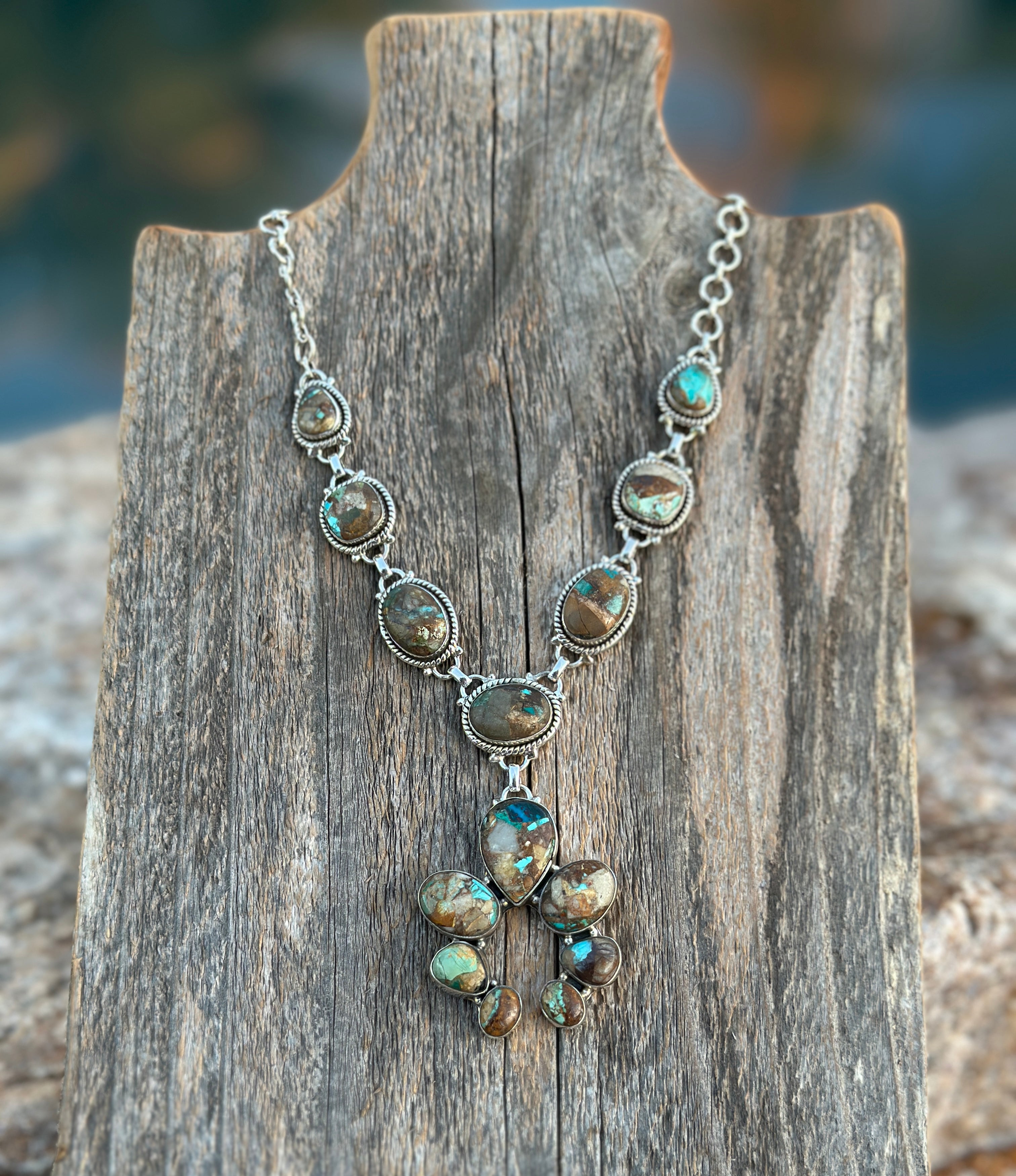 Handmade Royston Ribbon Turquoise Naja & Sterling Silver Lariat Necklace