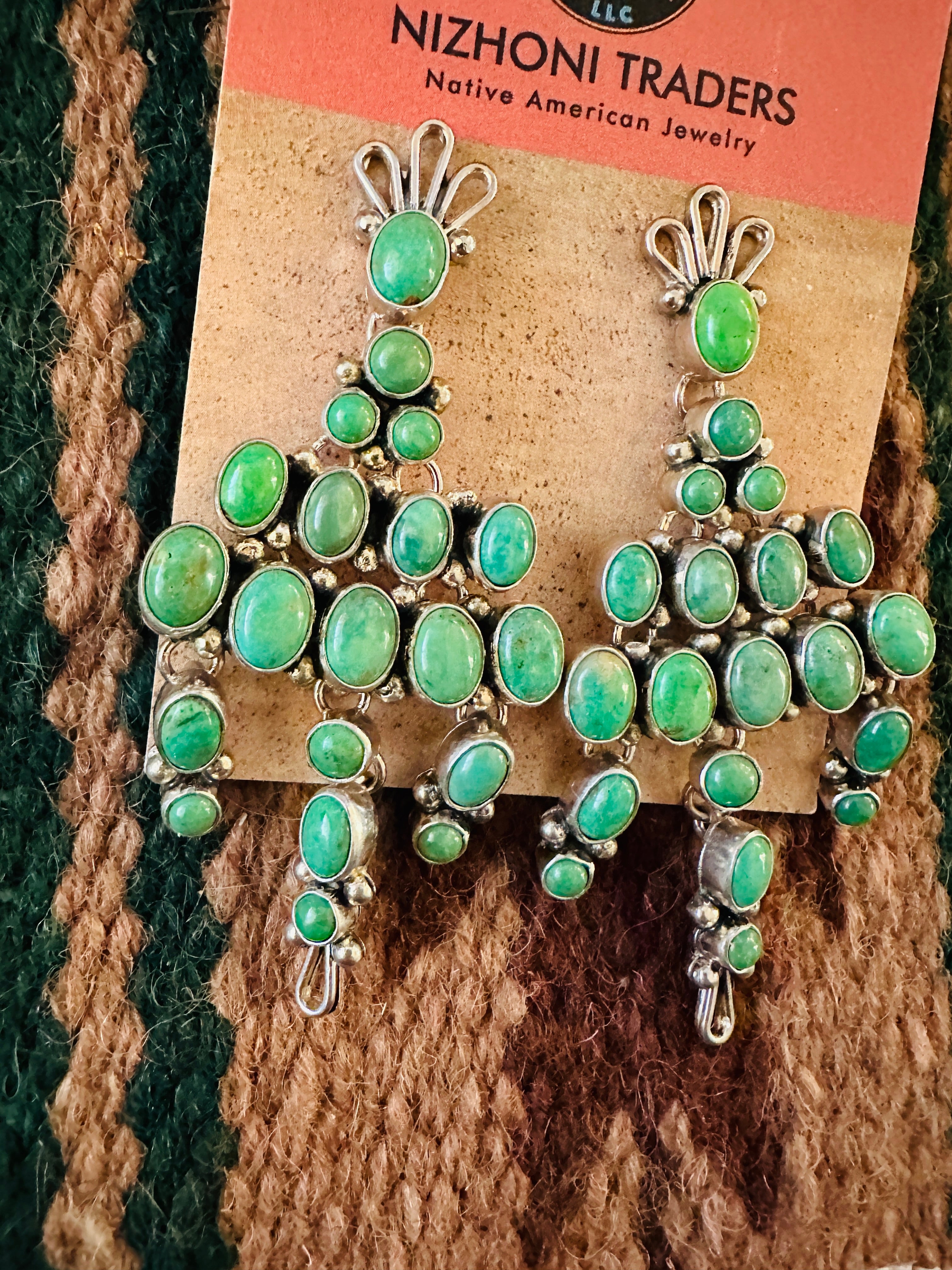 Navajo Green Turquoise & Sterling Silver Cluster Dangle Earrings