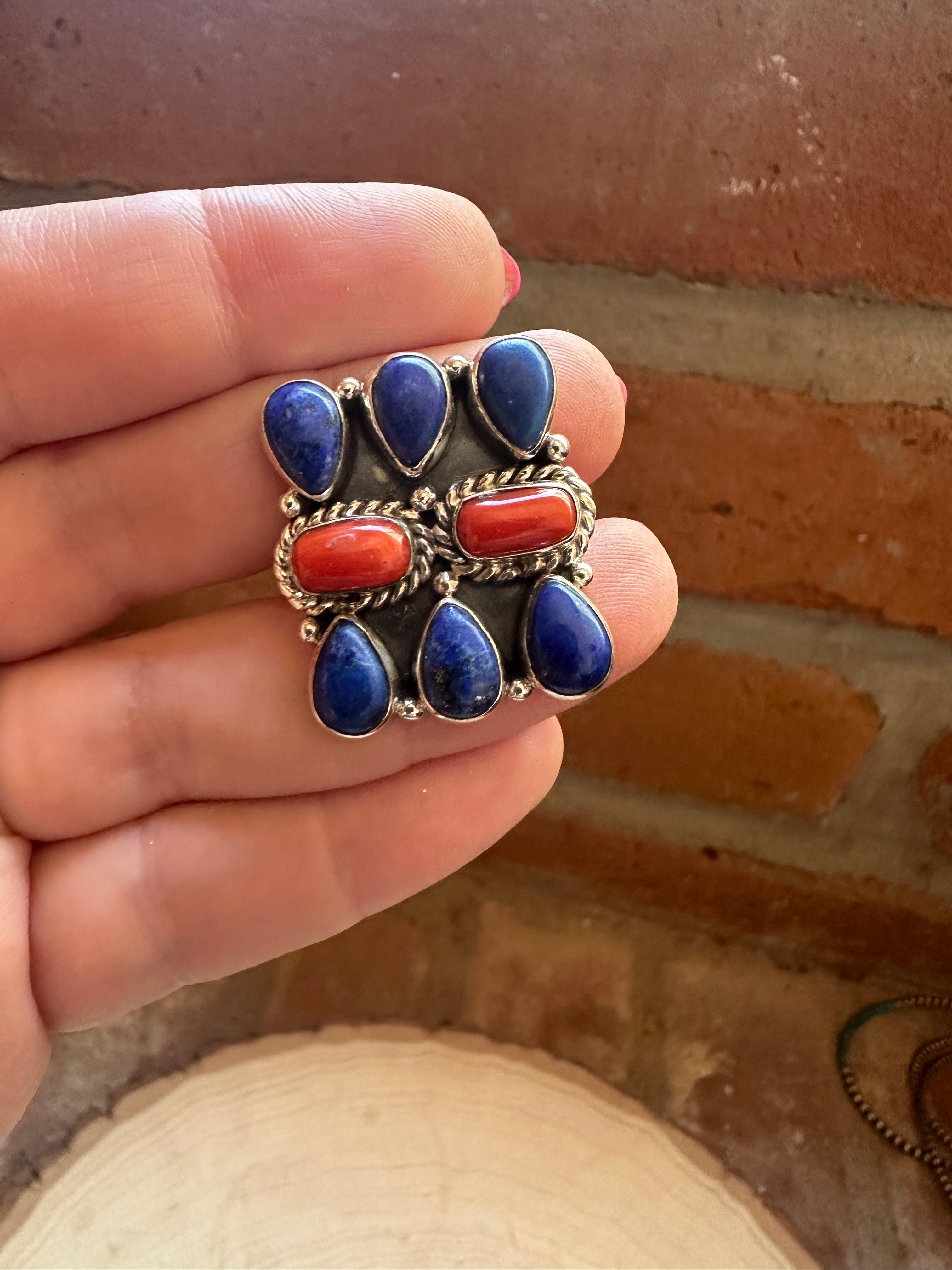 Handmade Coral, Lapis & Sterling Silver Adjustable Ring Signed Nizhoni