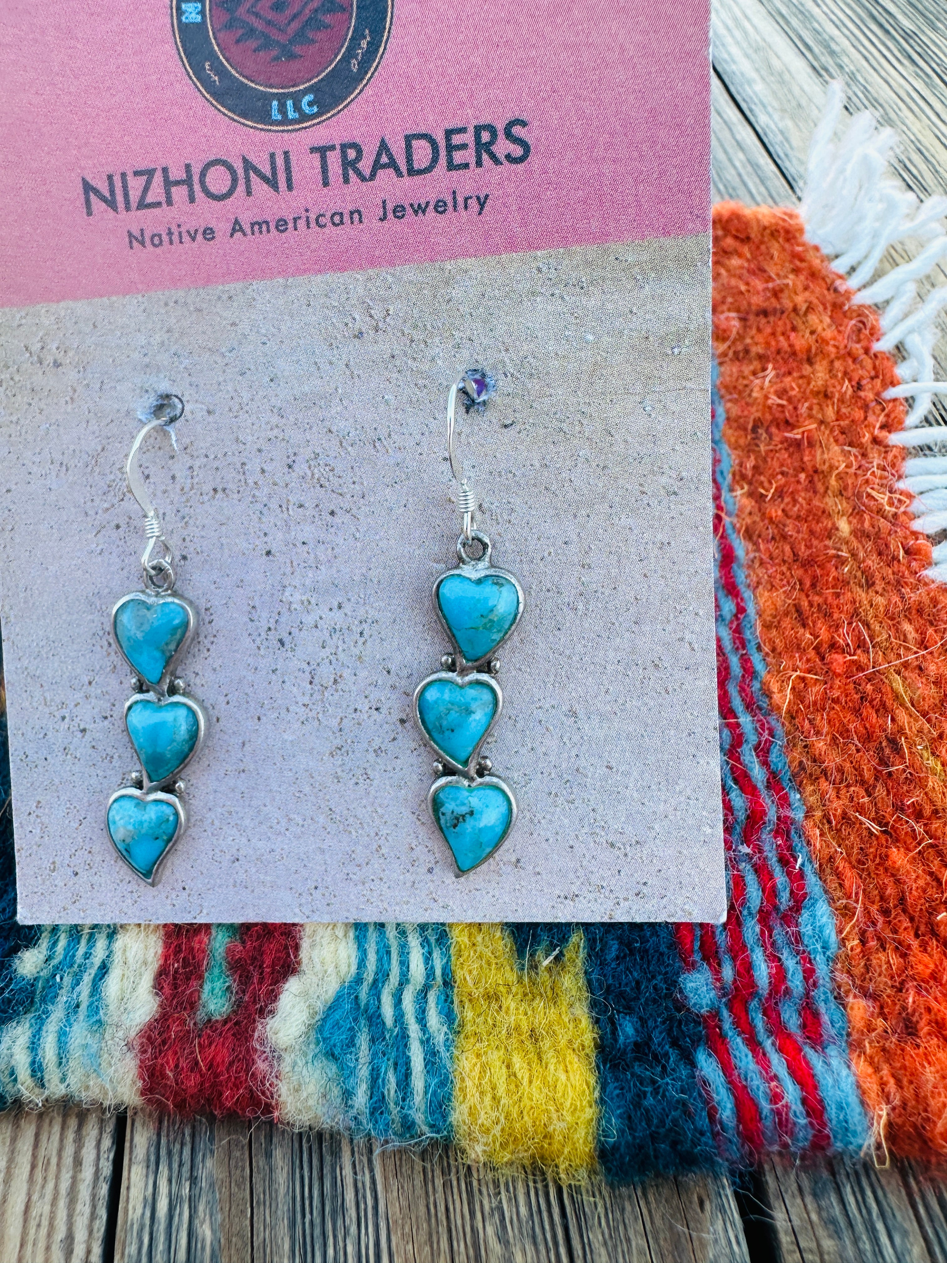 Handcrafted Old Pawn Sterling Silver & Turquoise Heart Dangle Earrings