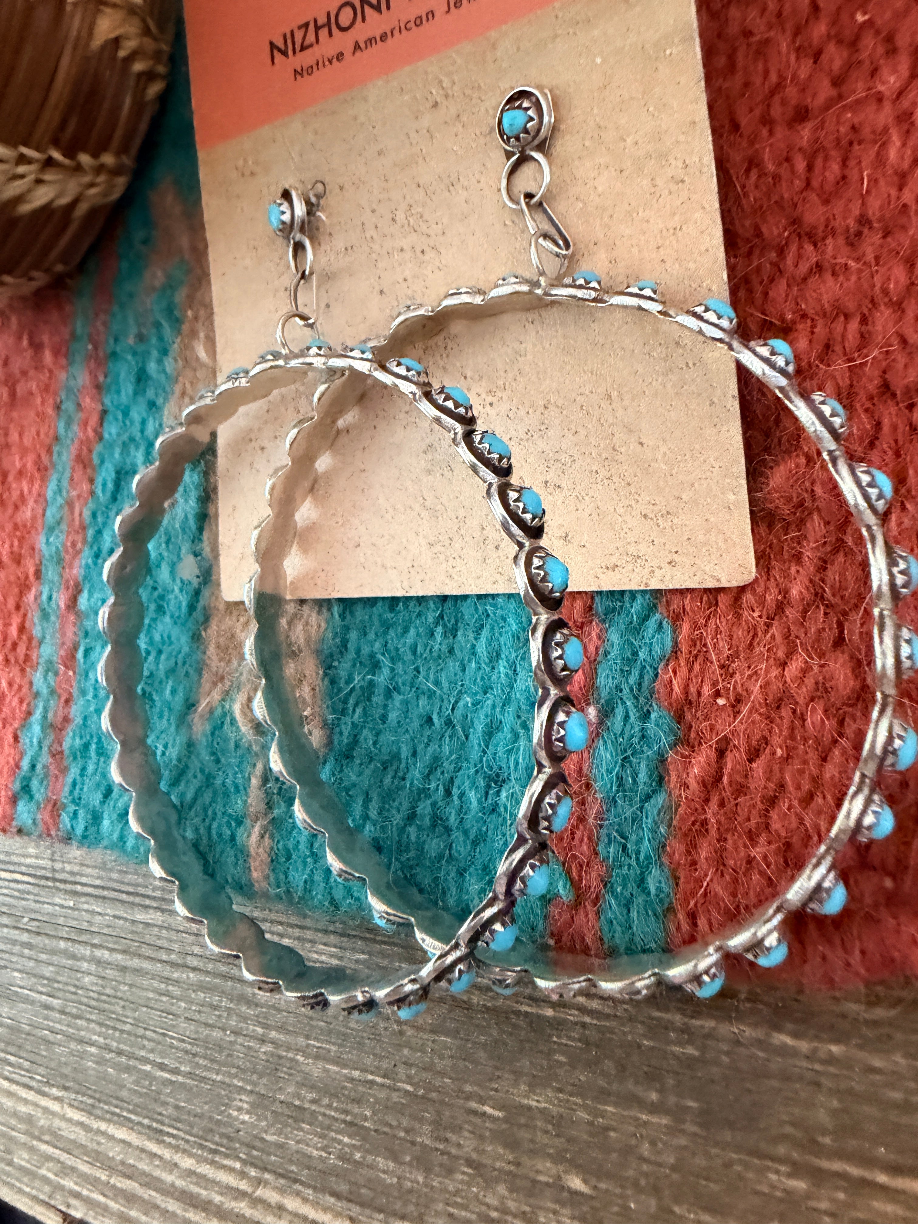 Handcrafted Turquoise & Sterling Silver Snake Eye Dangle Hoop Earrings