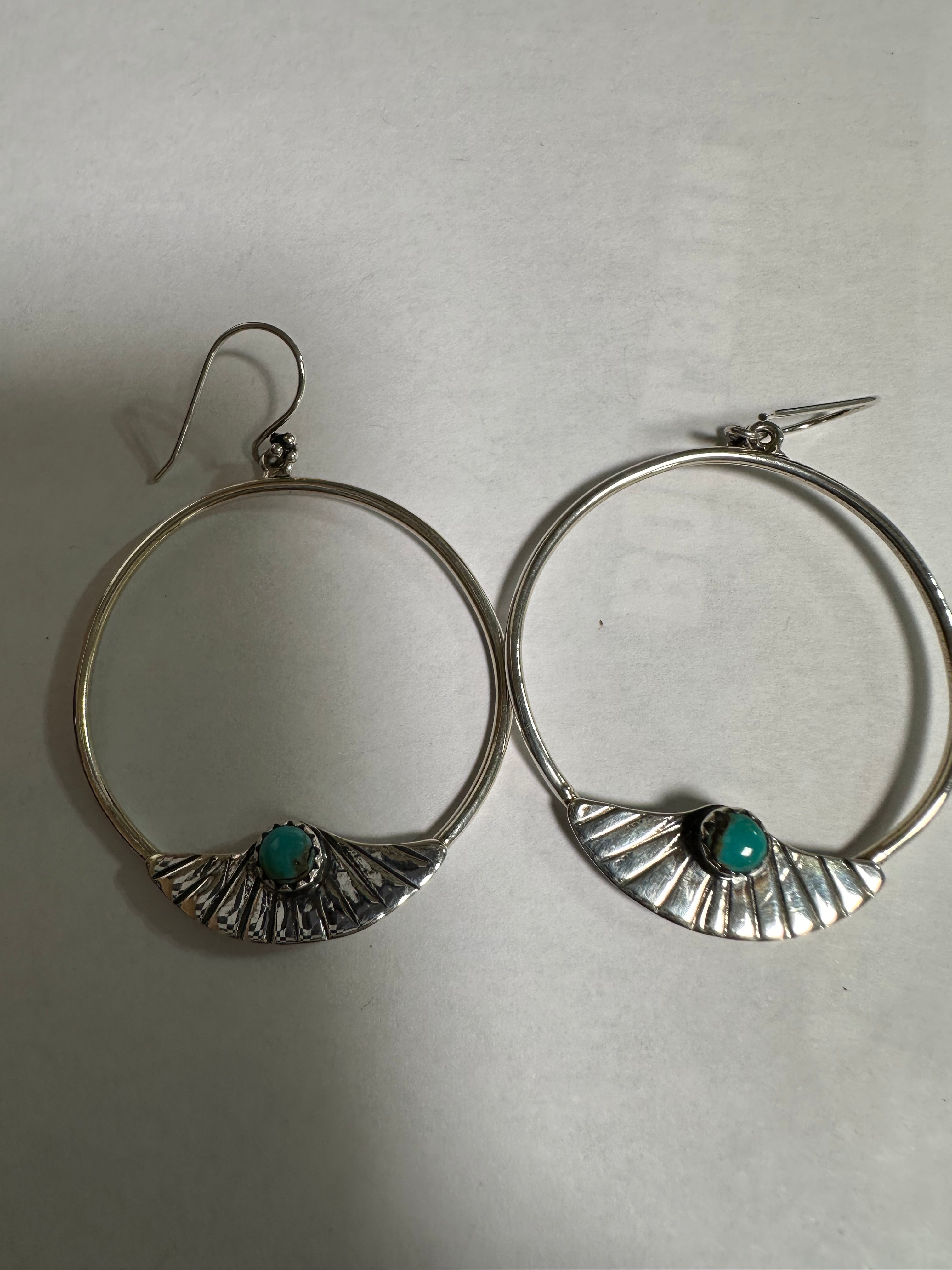 Handmade Turquoise & Sterling Silver Hoop Earrings Signed Nizhoni