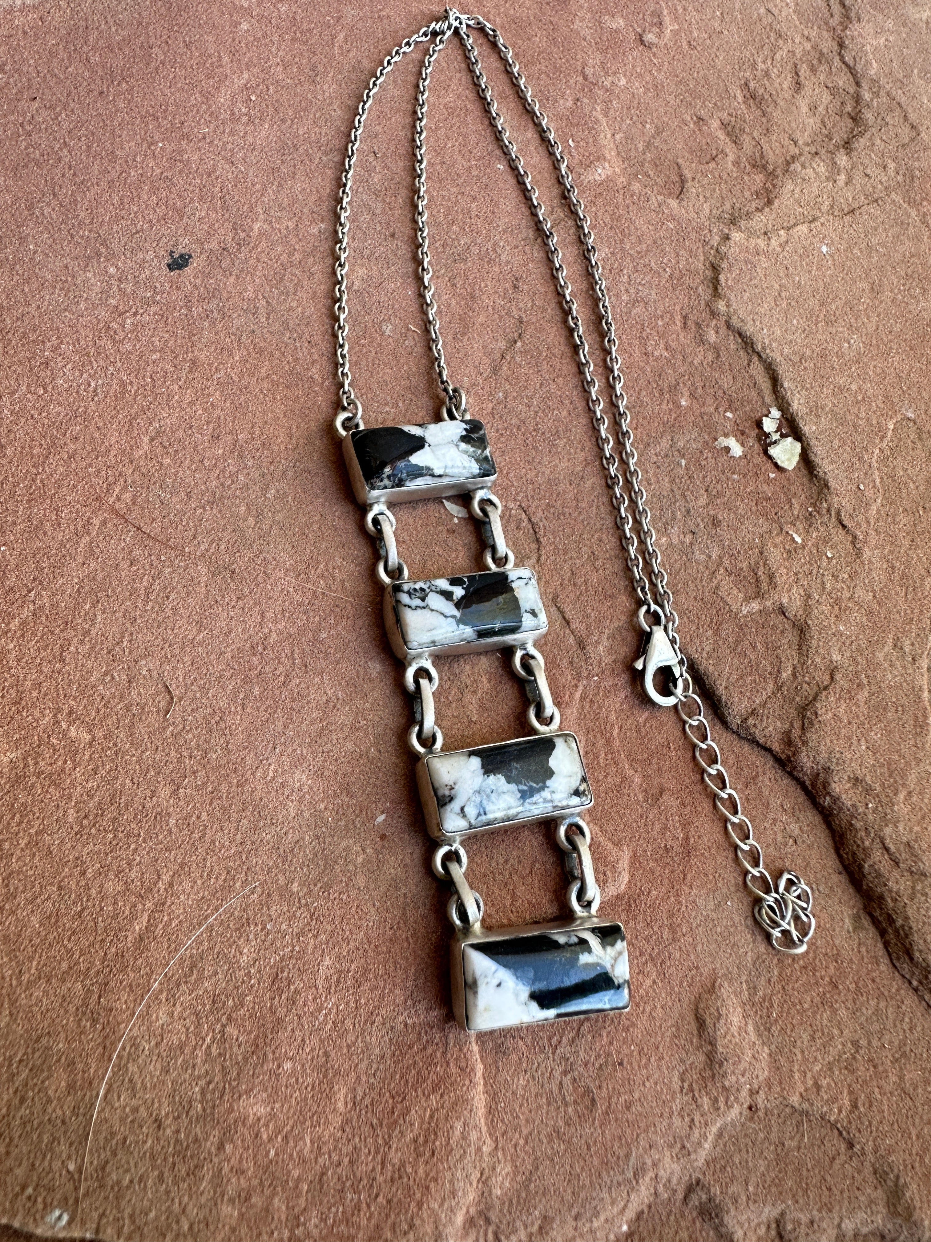 Handmade Sterling Silver & White Buffalo 4 Stone Drop Necklace