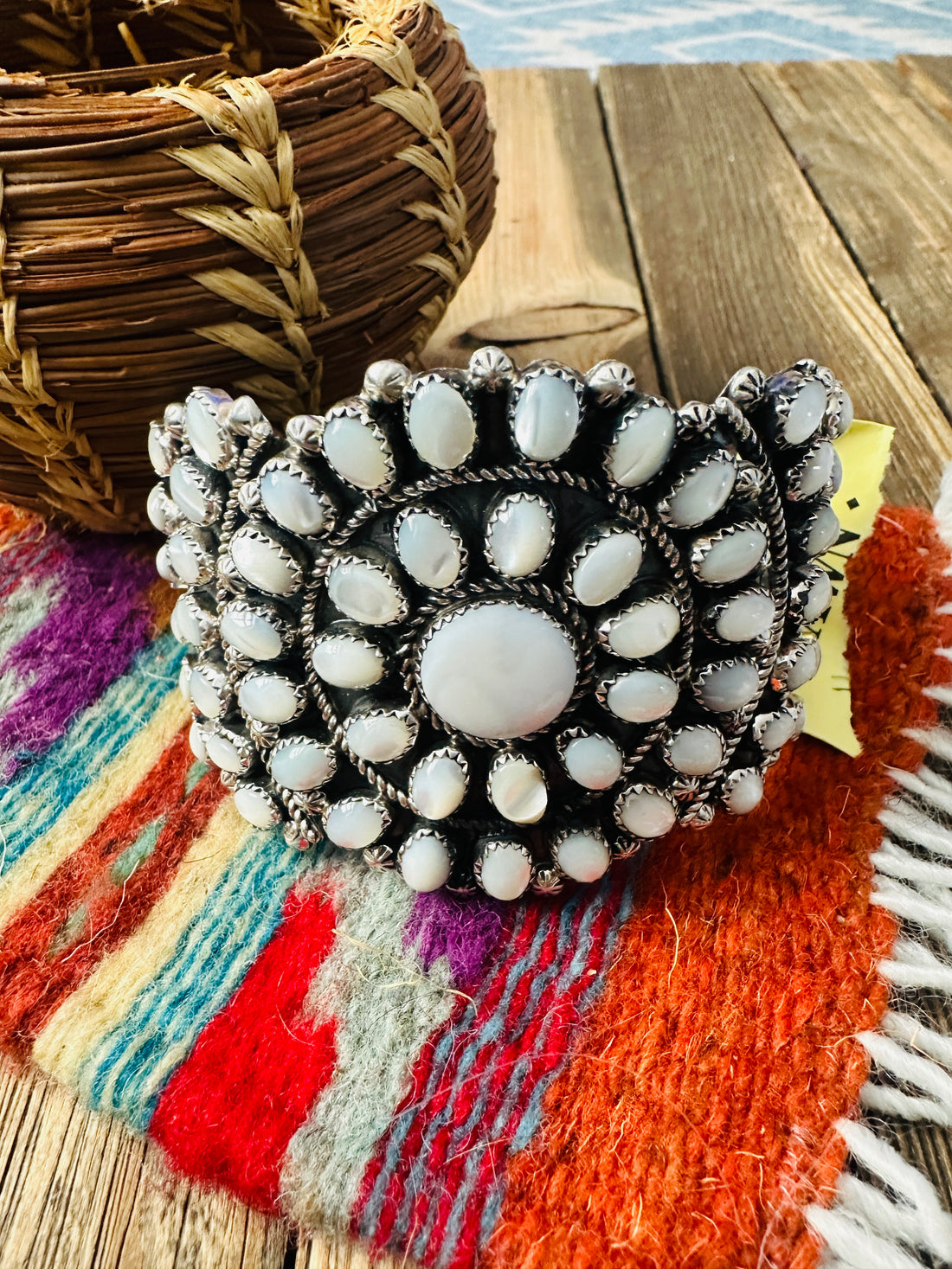 Handcrafted Old Pawn Sterling Silver & Mother of Pearl Cuff Bracelet