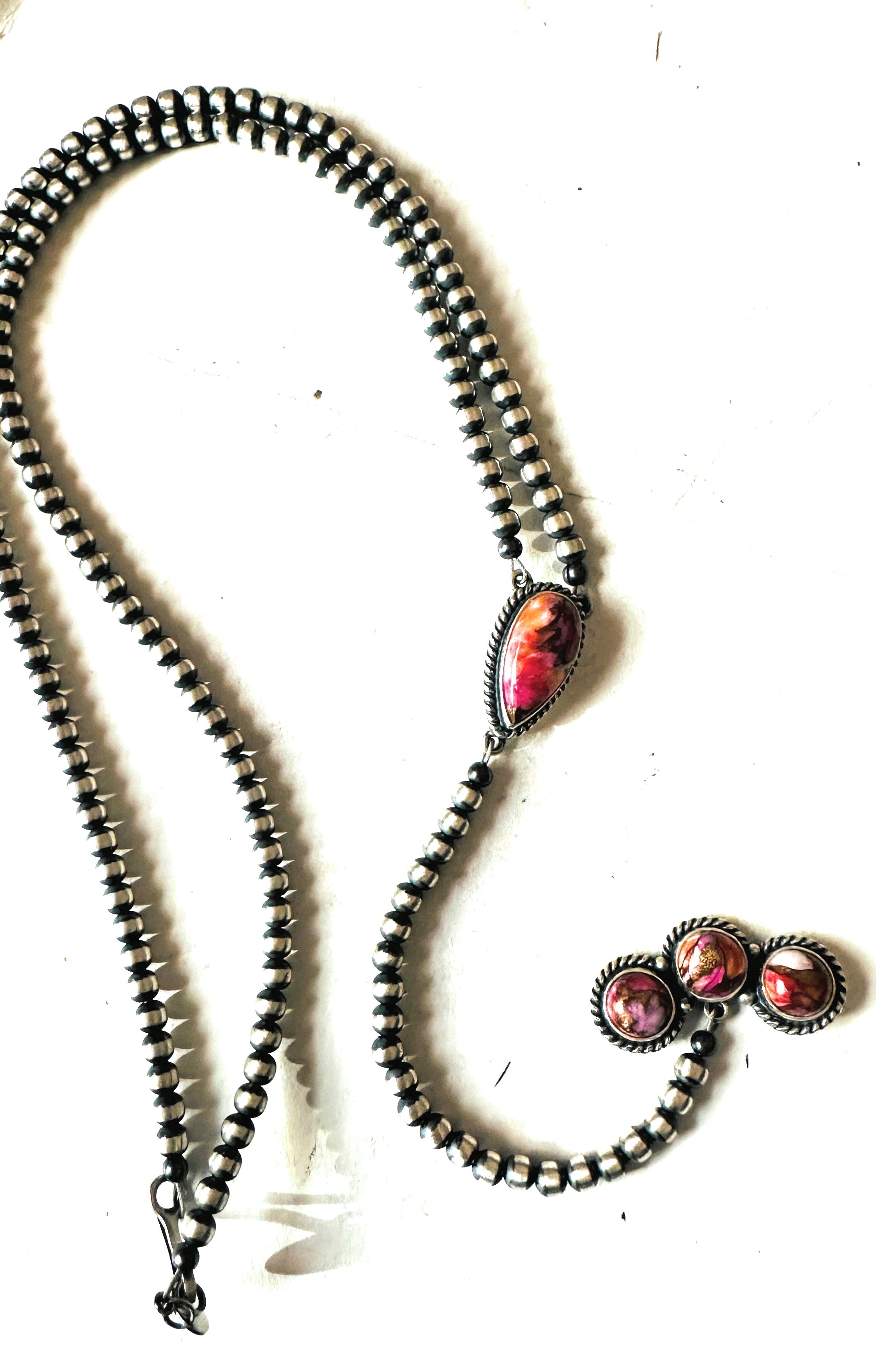 Navajo Multi Stone & Sterling Silver Pearl Beaded Lariat Necklace