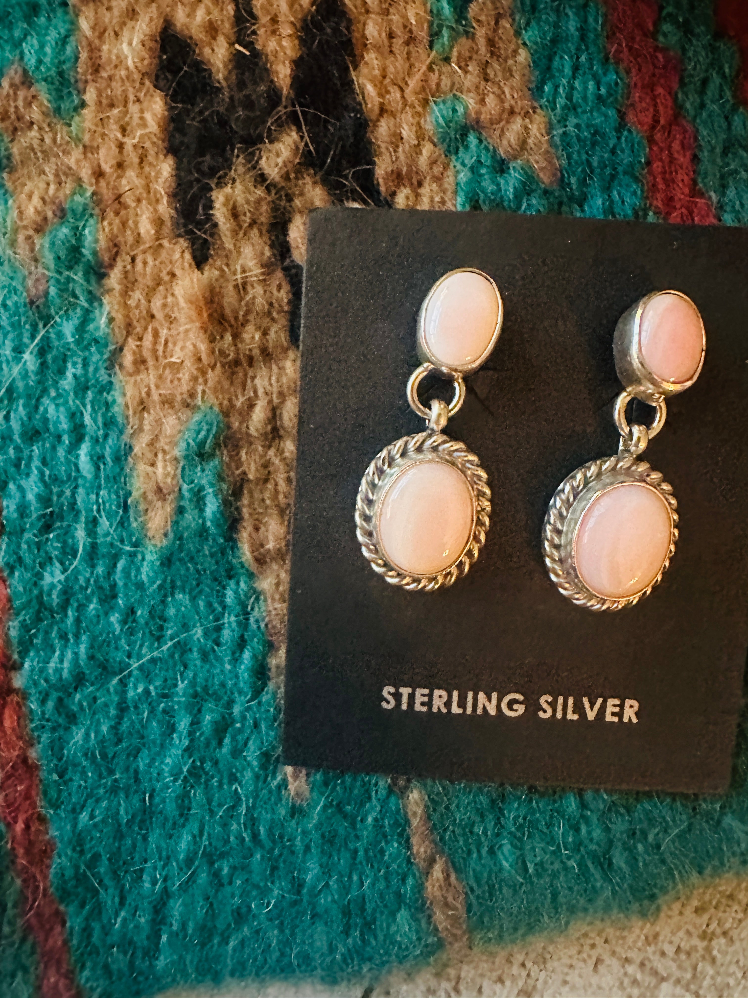 Navajo Queen Pink Conch & Sterling Silver Two Stone Dangle Earrings