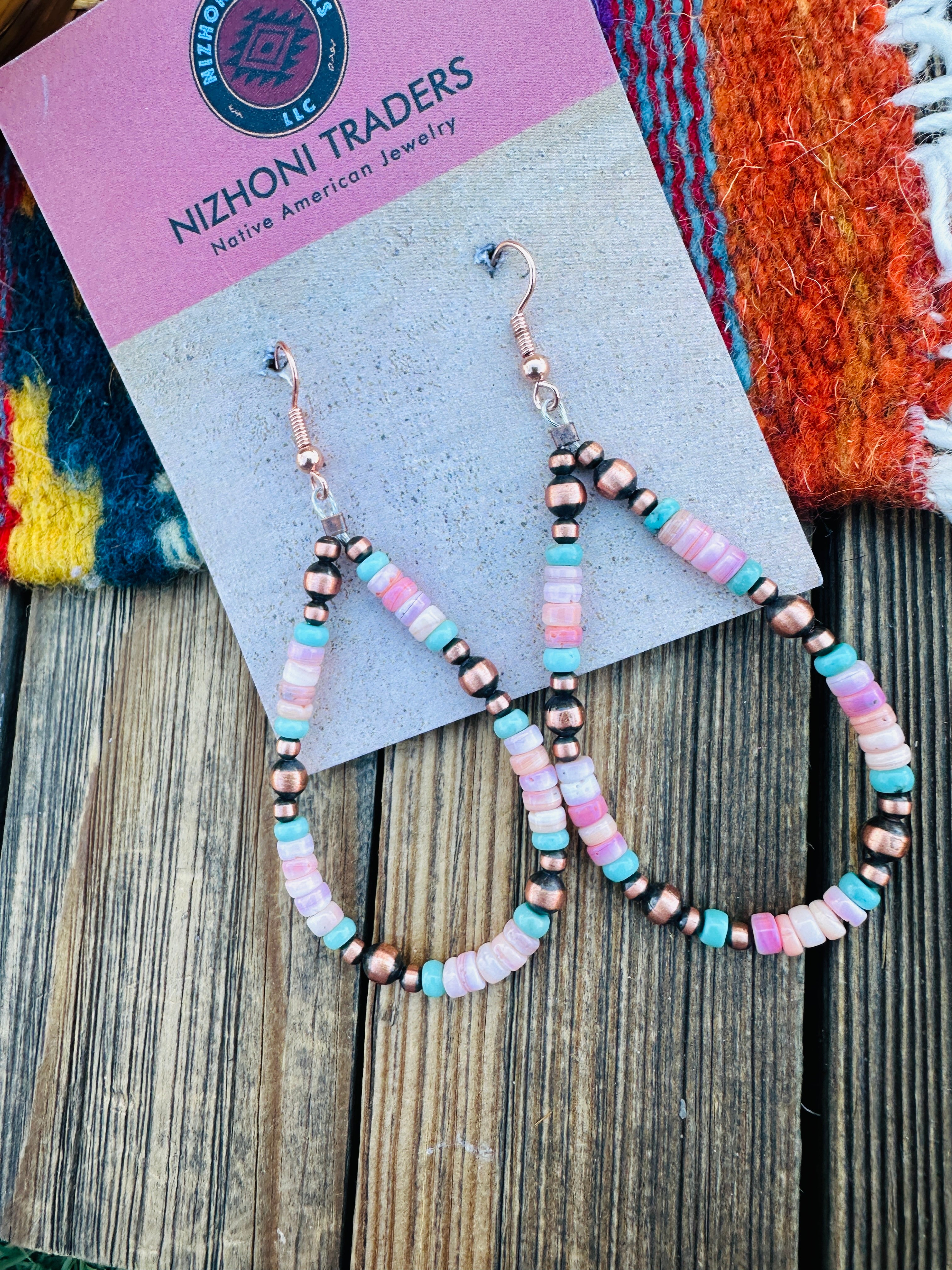 Handcrafted Queen Pink Conch, Turquoise & Copper Beaded Dangle Hoop Earrings