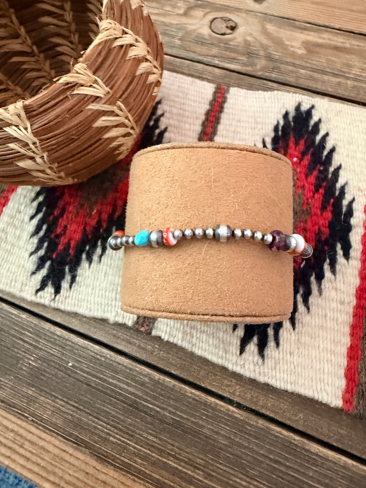 Handcrafted Turquoise, Spiny Oyster & Sterling Silver Pearl Beaded Stretch Bracelet