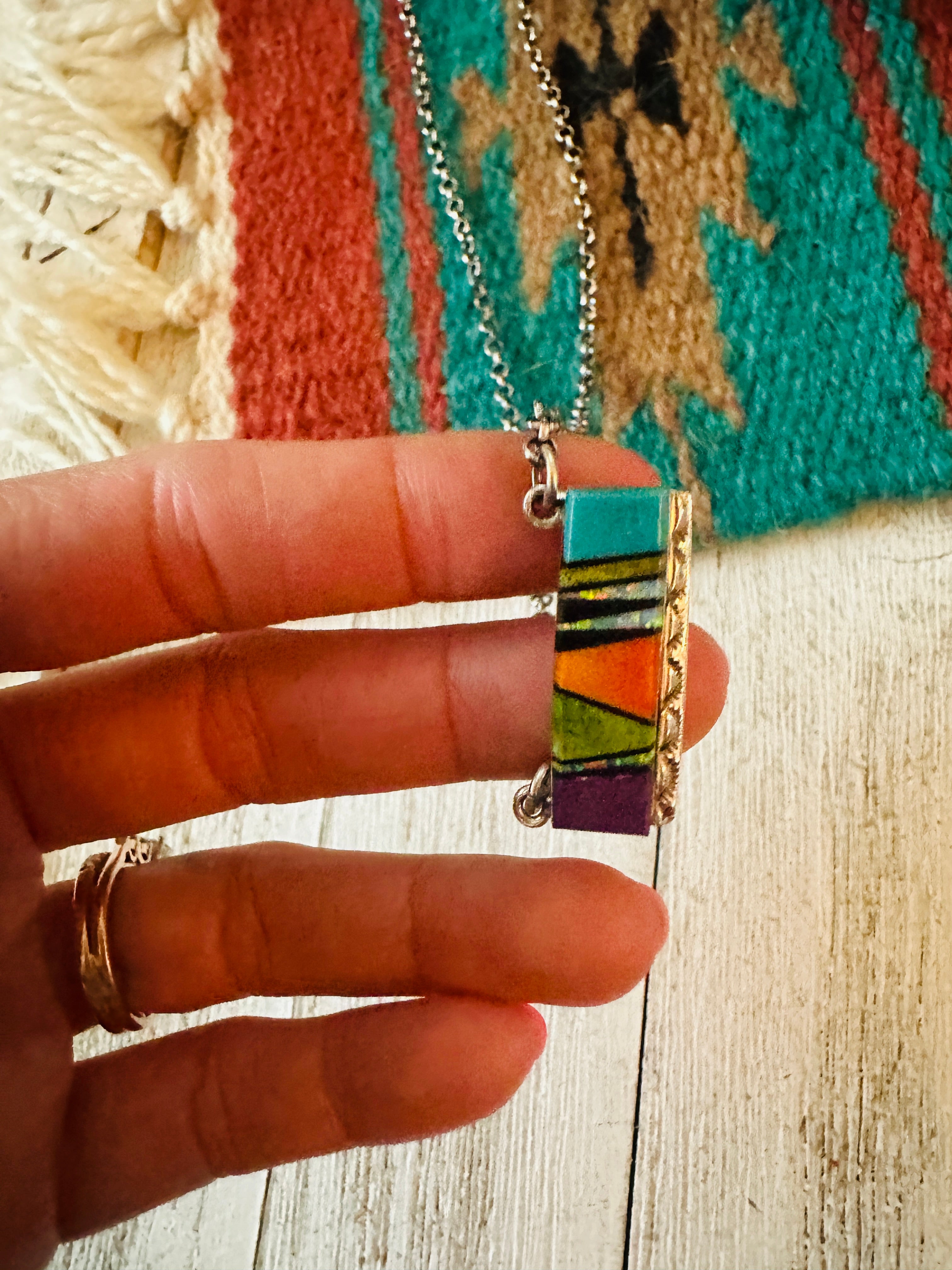 Navajo Multi Stone & Sterling Silver Inlay Bar Necklace