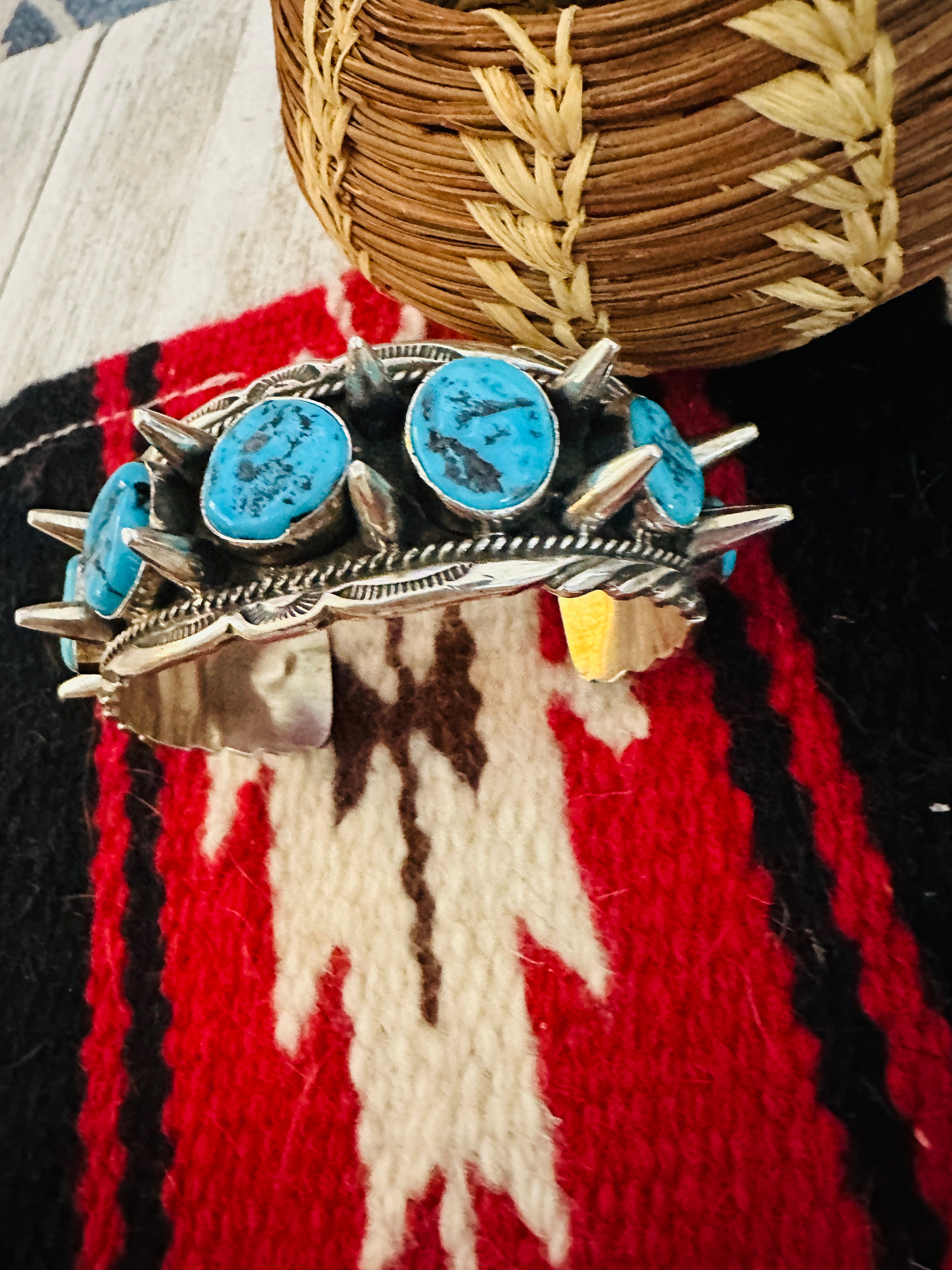 Navajo Kingman Turquoise & Sterling Silver Spiked Cuff Bracelet