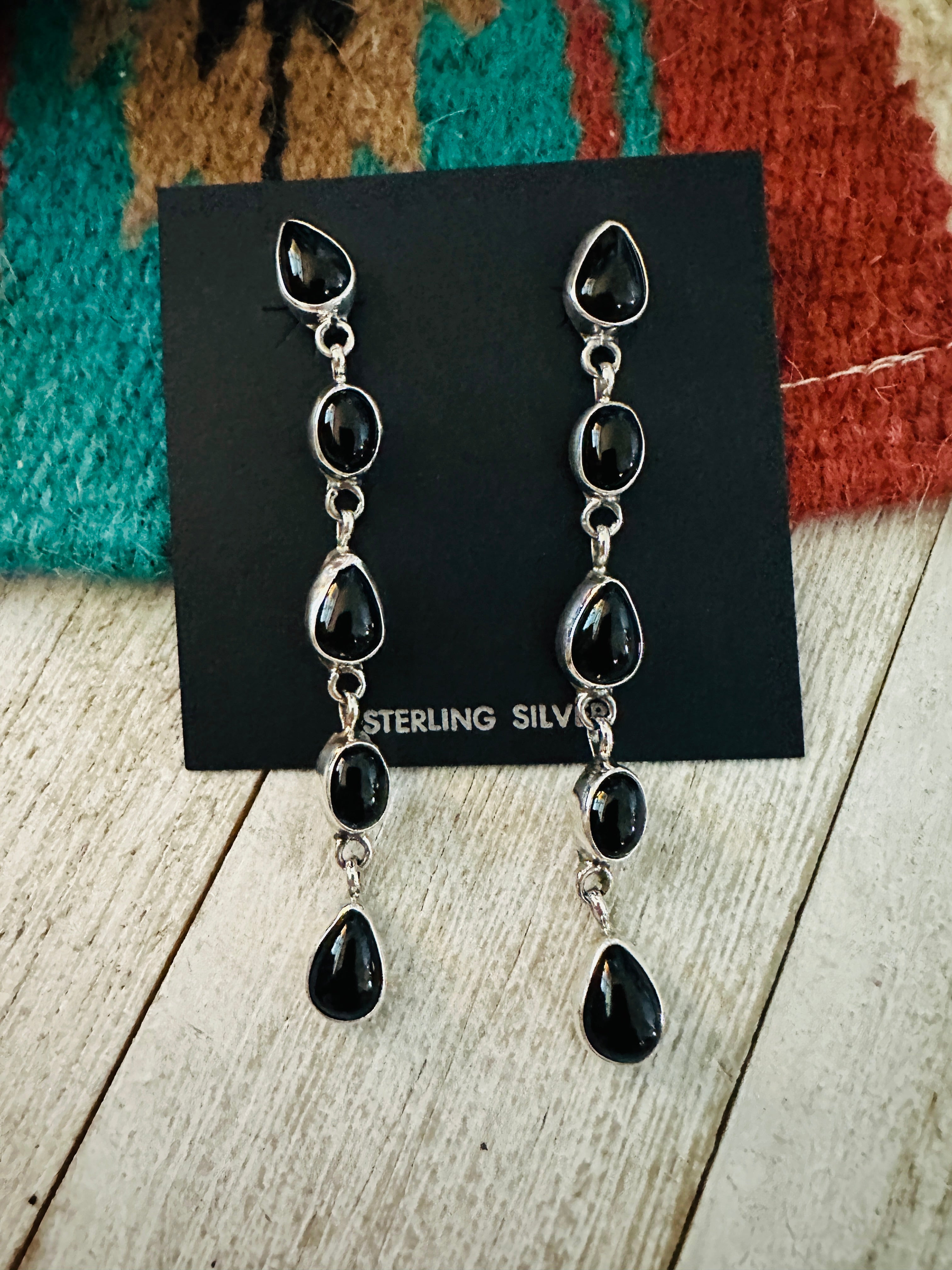 Navajo Onyx & Sterling Silver Dangle Earrings