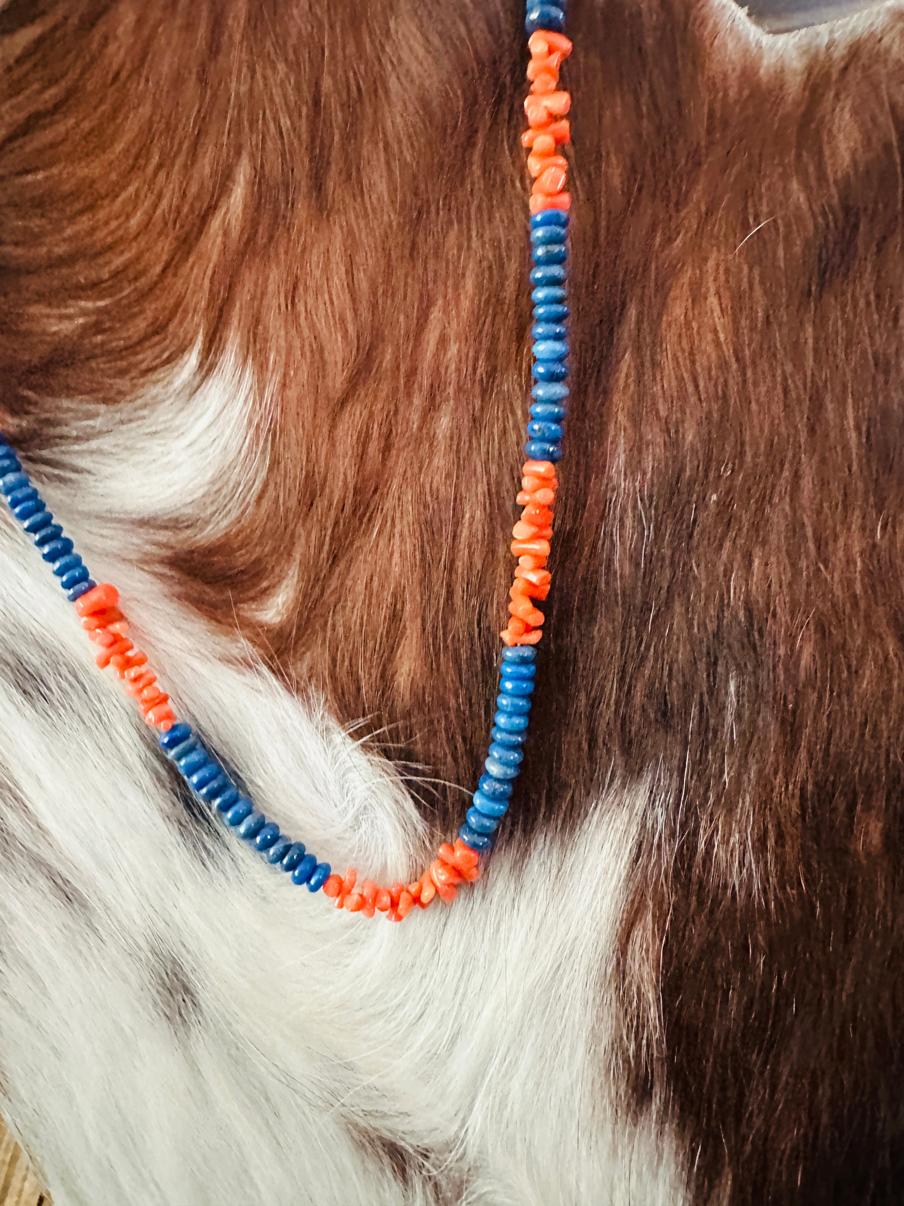 Handcrafted Lapis, Coral & Sterling Silver Beaded 16” Necklace