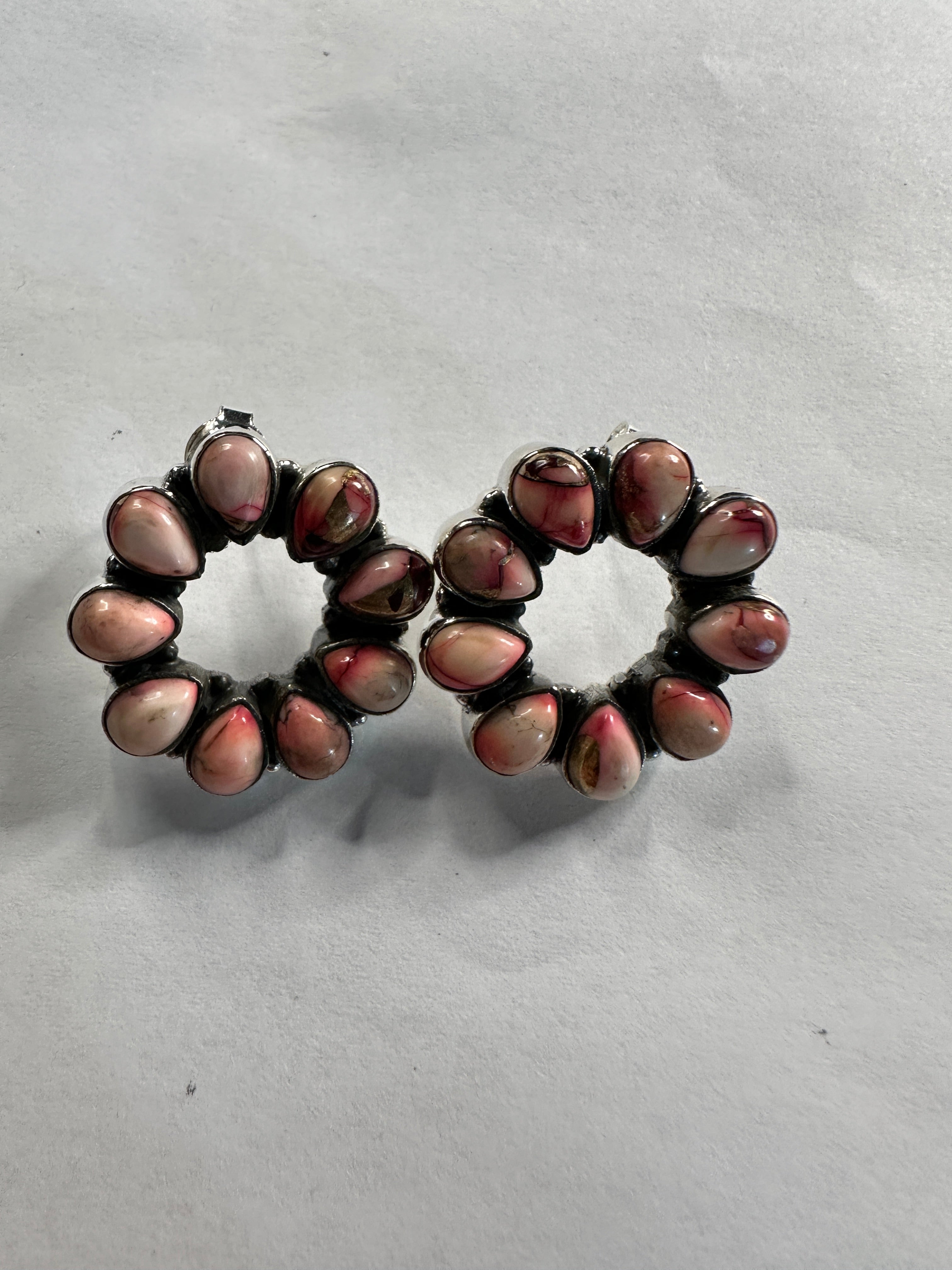 Handmade Dahlia Rose & Sterling Silver Post Circle Earrings Signed Nizhoni