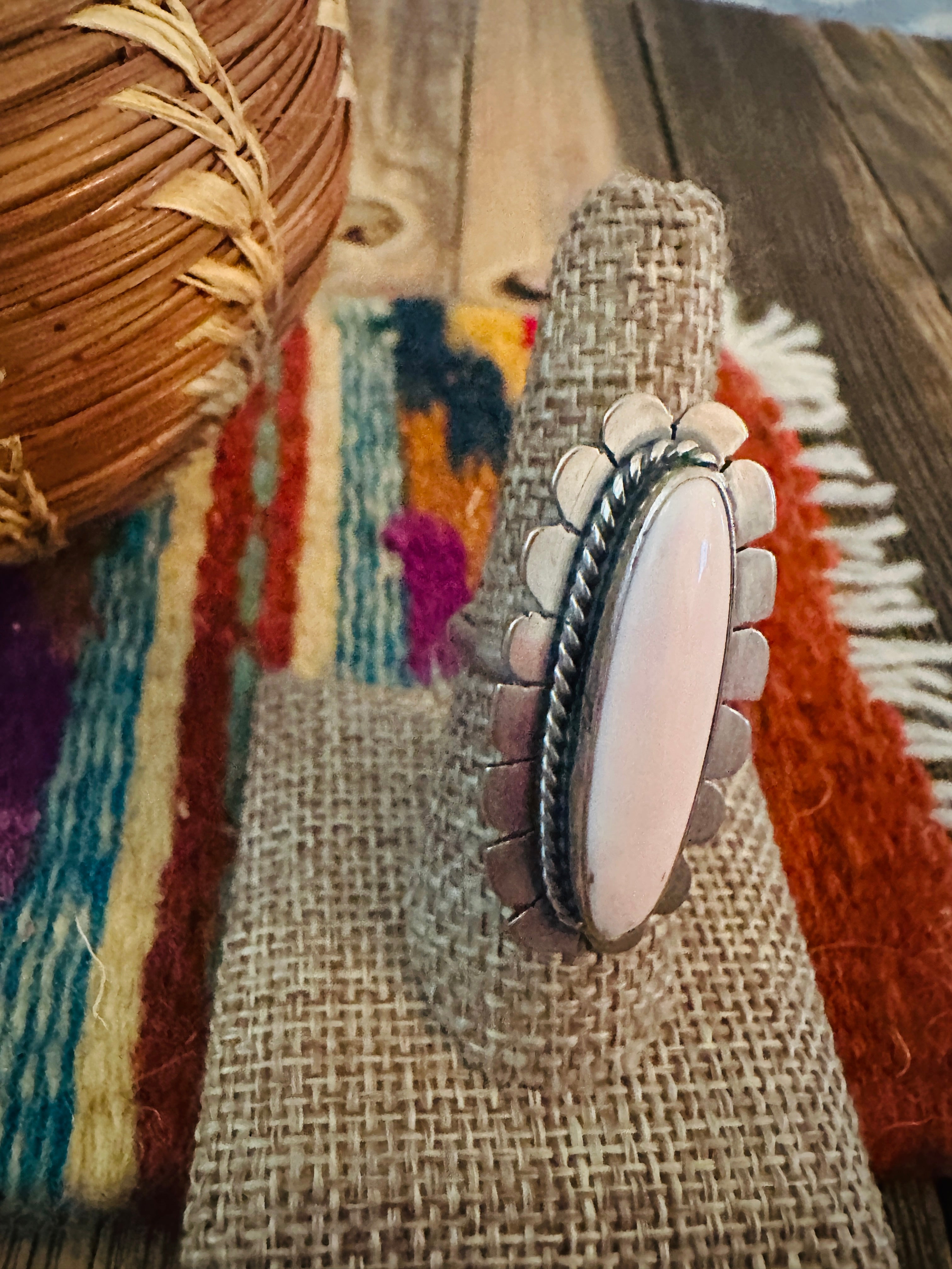 Handcrafted Queen Pink Conch & Sterling Silver Adjustable Ring