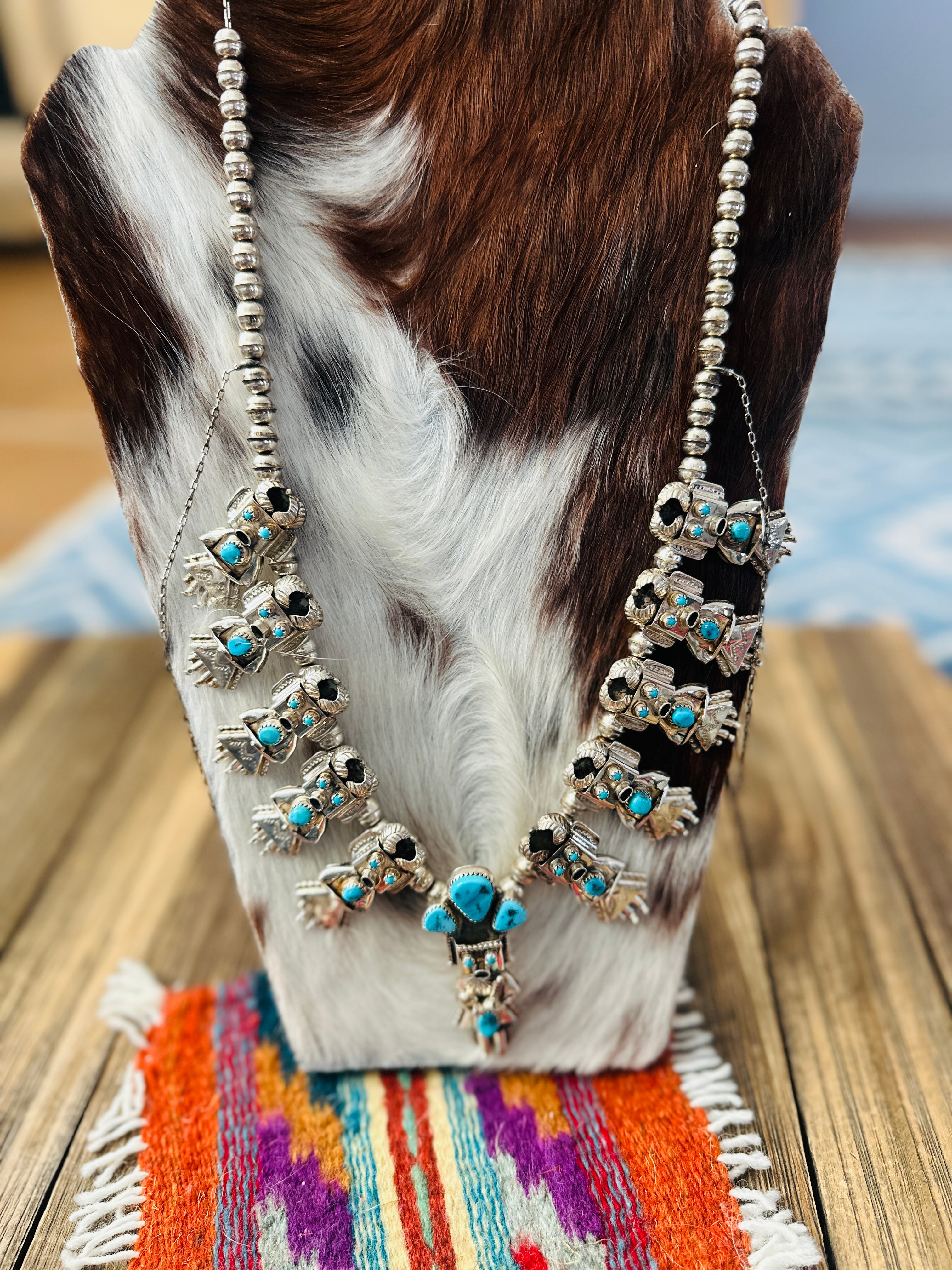 Old Pawn Handcrafted Turquoise & Sterling Silver Beaded Kachina Necklace by Doris Smallcanyon
