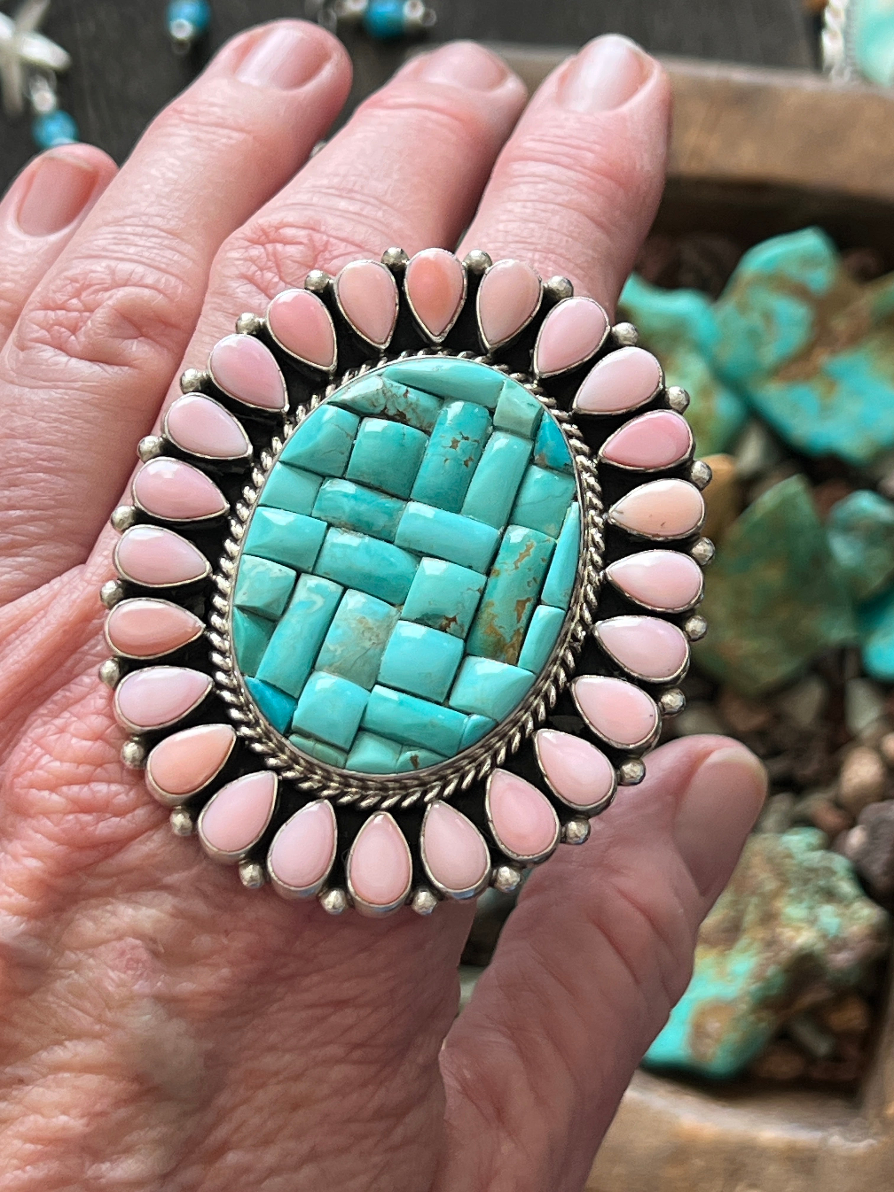 Handcrafted Cobblestone Kingman Turquoise and Pink Conch Cluster Ring by Aaron Tallis, Adjustable
