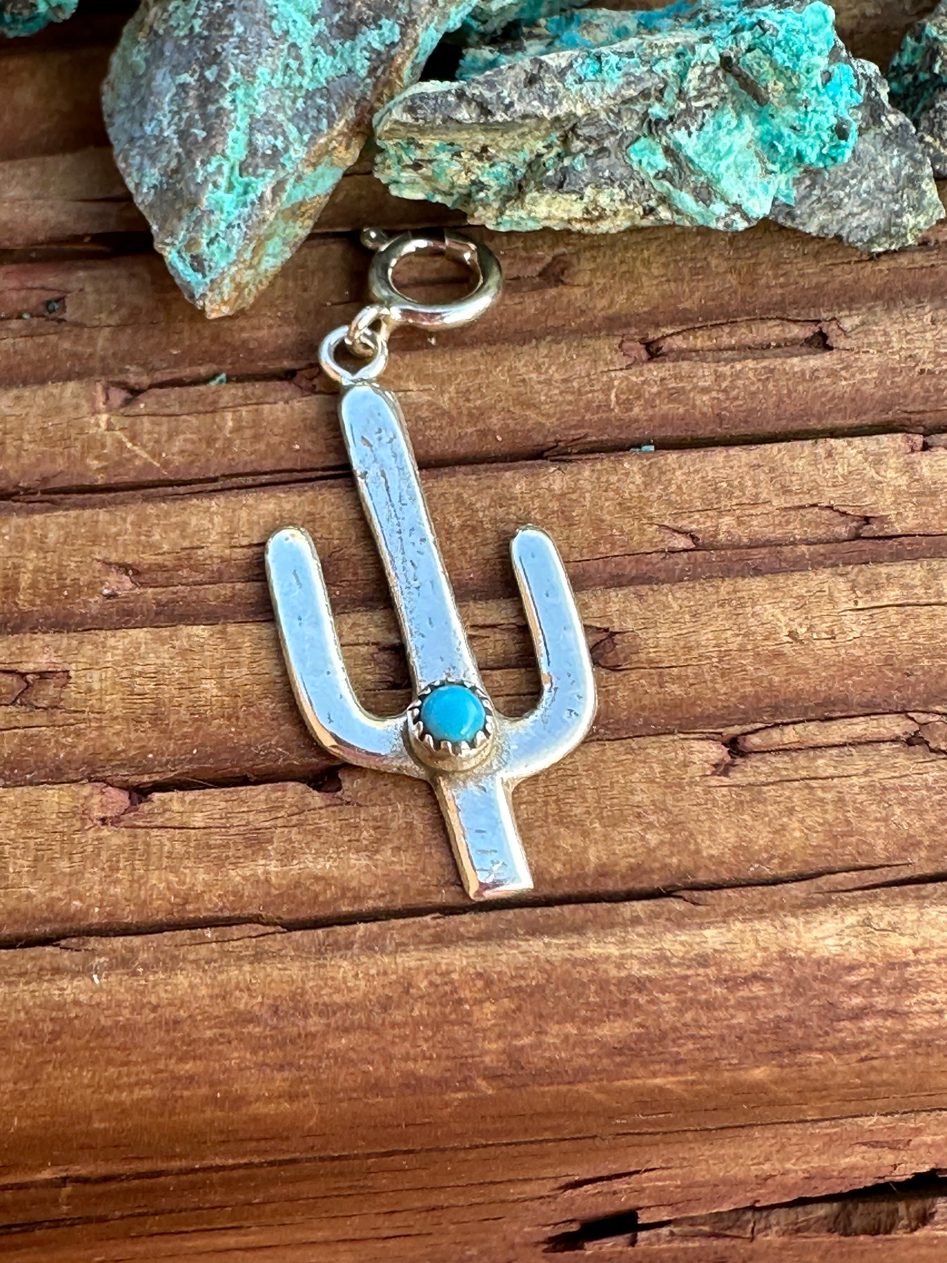 Navajo Crafted Sterling Silver and Turquoise Saguaro Charm