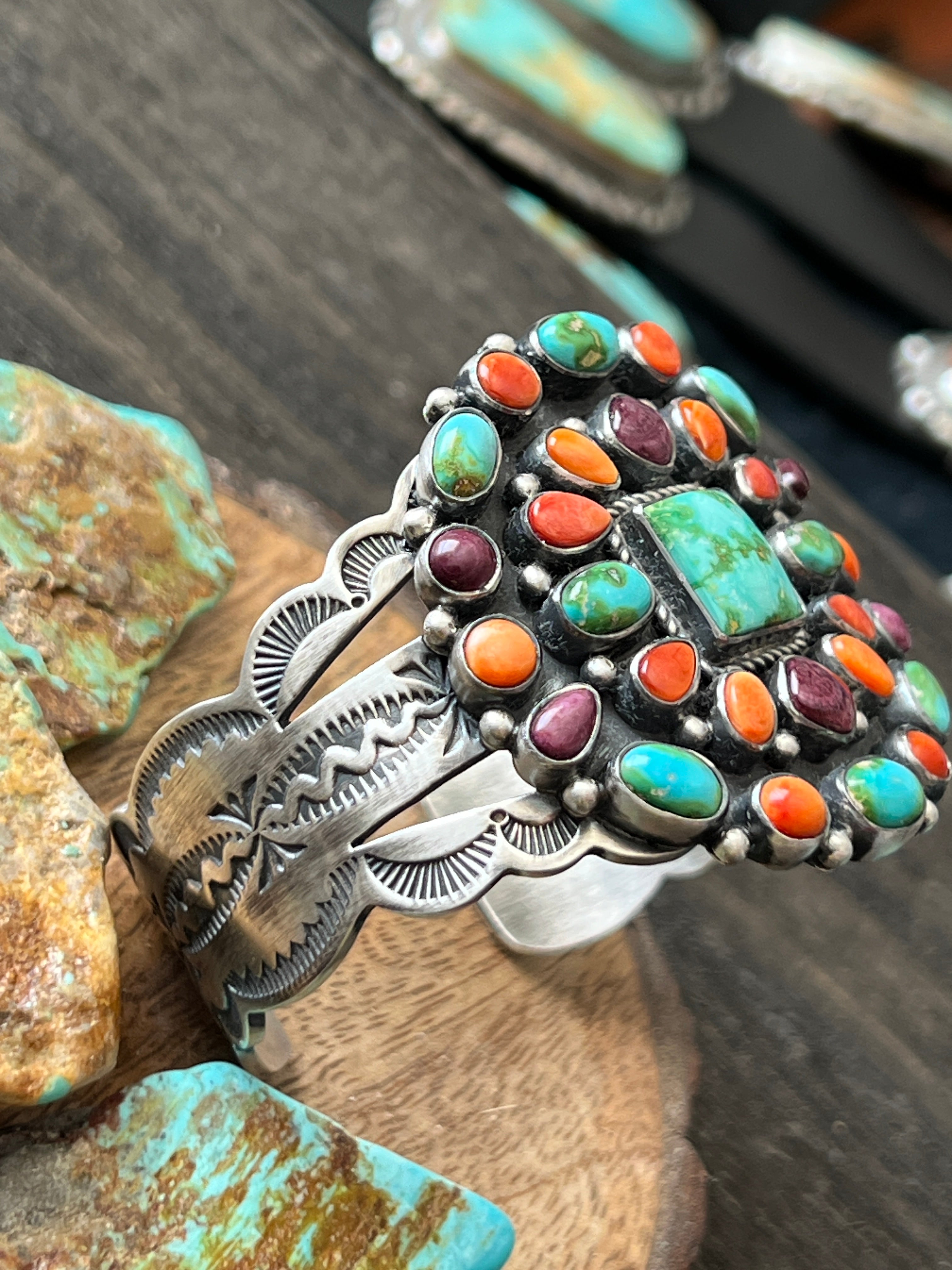 Handcrafted Sterling Silver Electric Rainbow Sonoran Turquoise and Spiny Oyster Cluster Cuff Bracelet by Murphy Platero