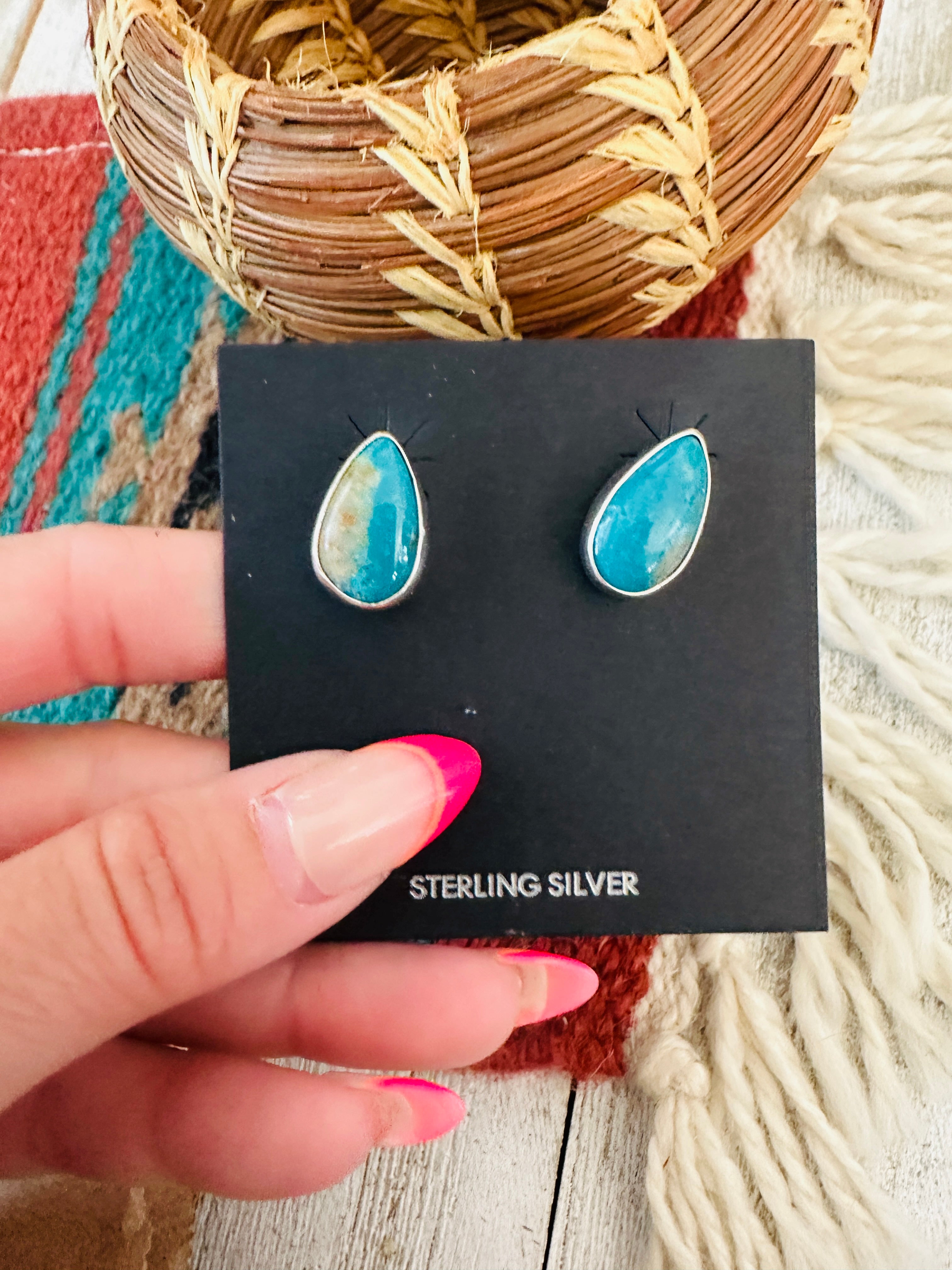 Handcrafted Turquoise & Sterling Silver Teardrop Stud Post Earrings