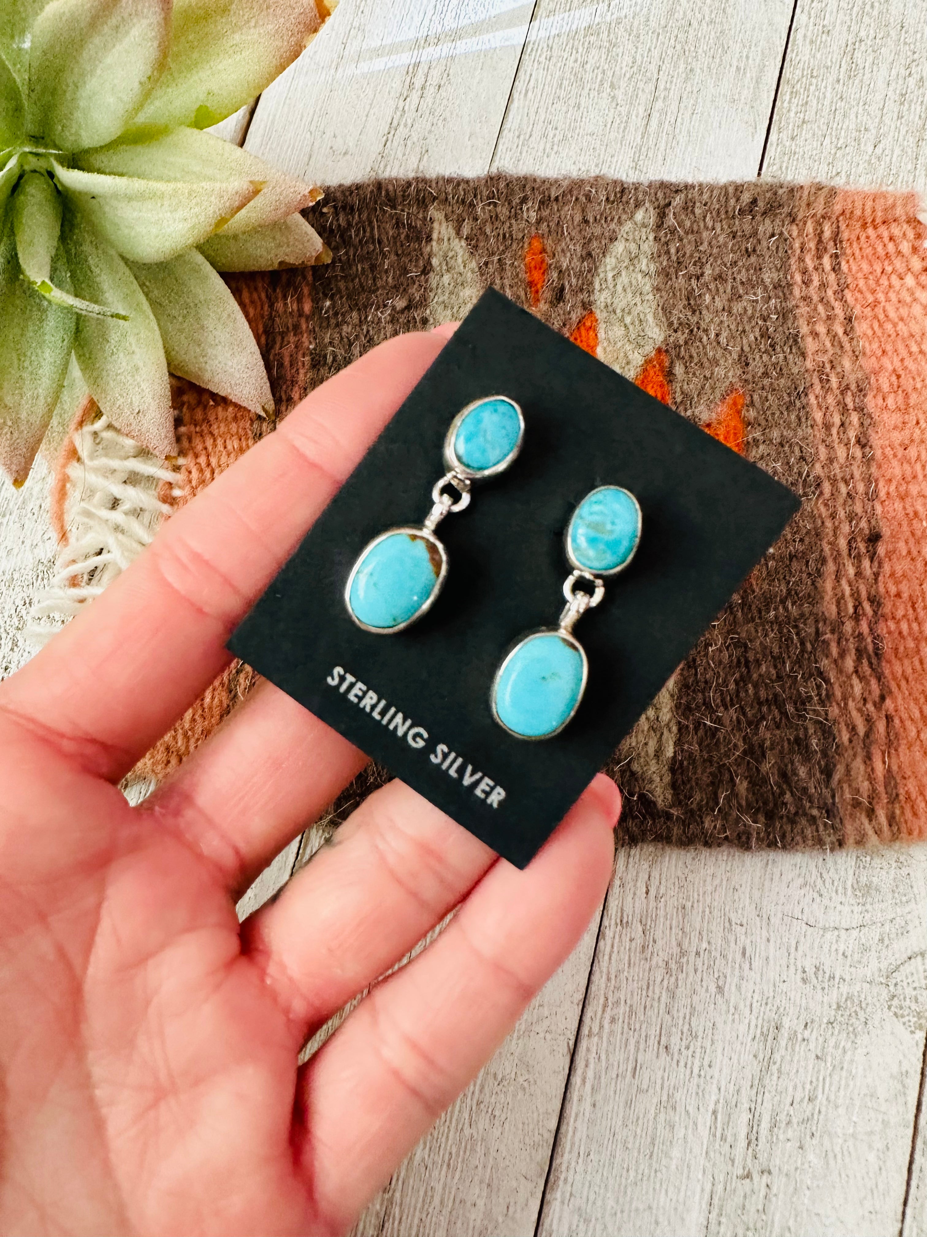 Navajo Turquoise and Sterling Silver Two Stone  Dangle Earrings