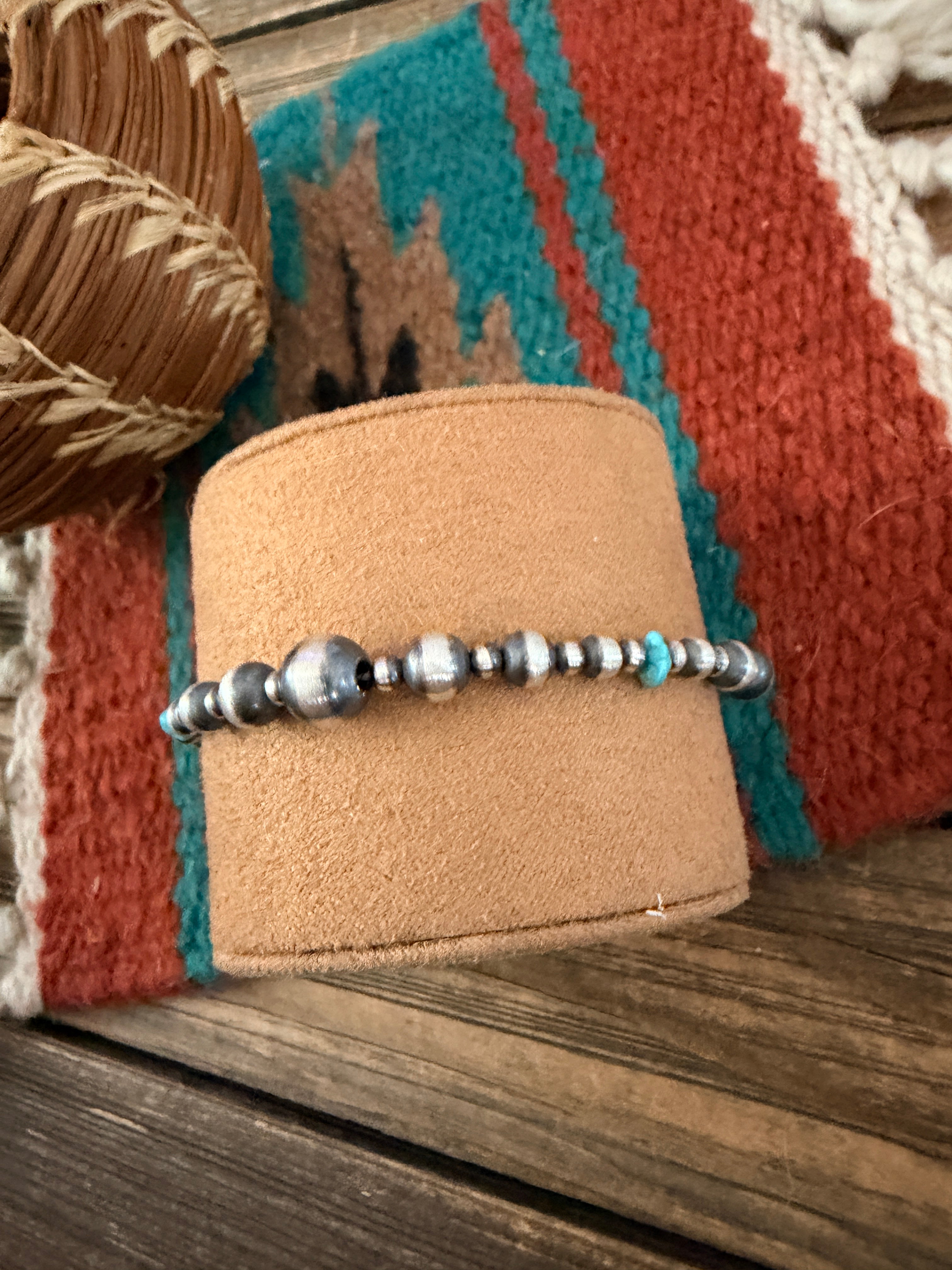 Handcrafted Turquoise & Sterling Silver Pearl Beaded Bracelet