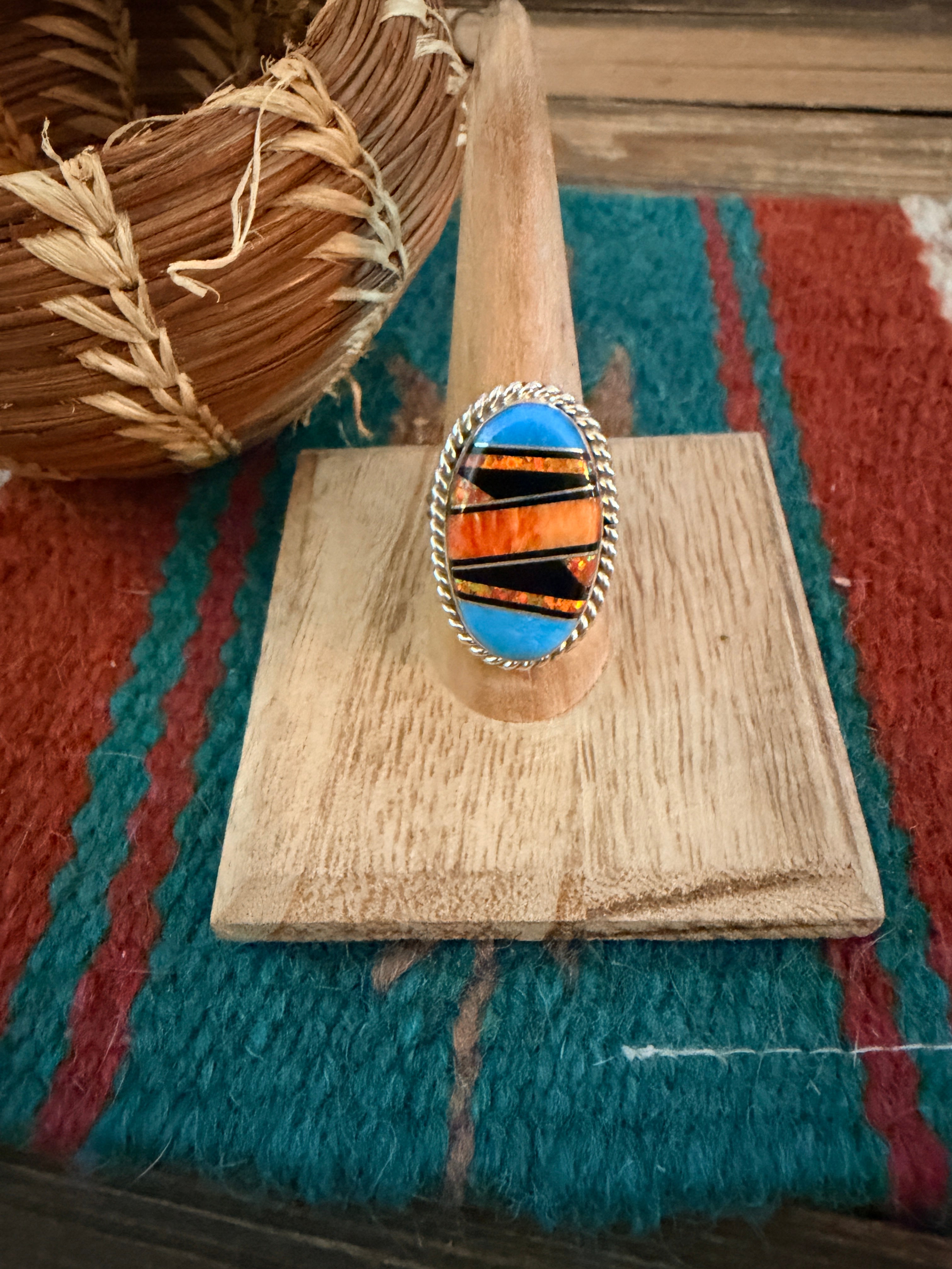 Handcrafted Multi Stone & Sterling Silver Inlay Ring Size 9