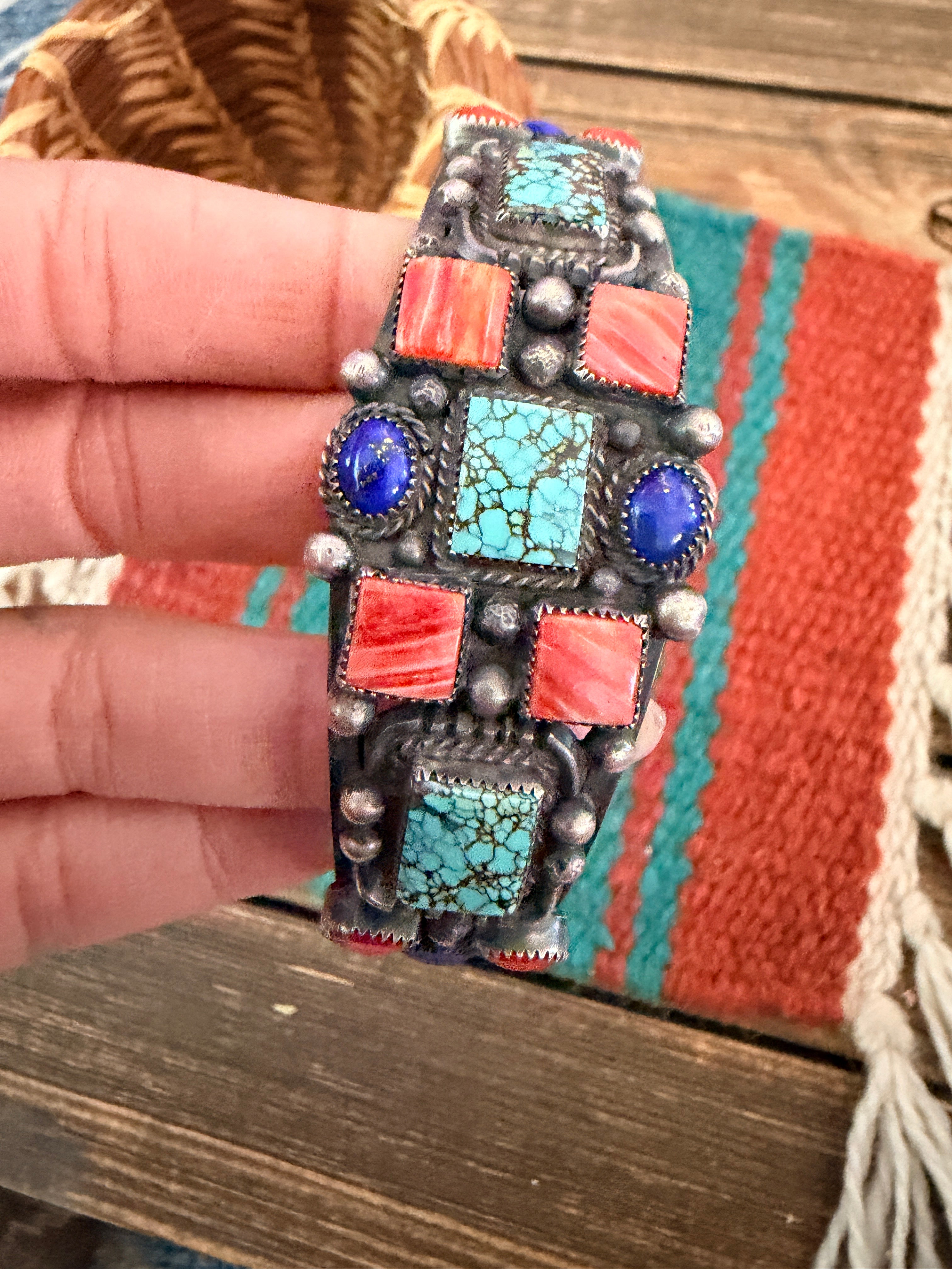 Handcrafted Old Pawn Sterling Silver & Multi Stone Cuff Bracelet