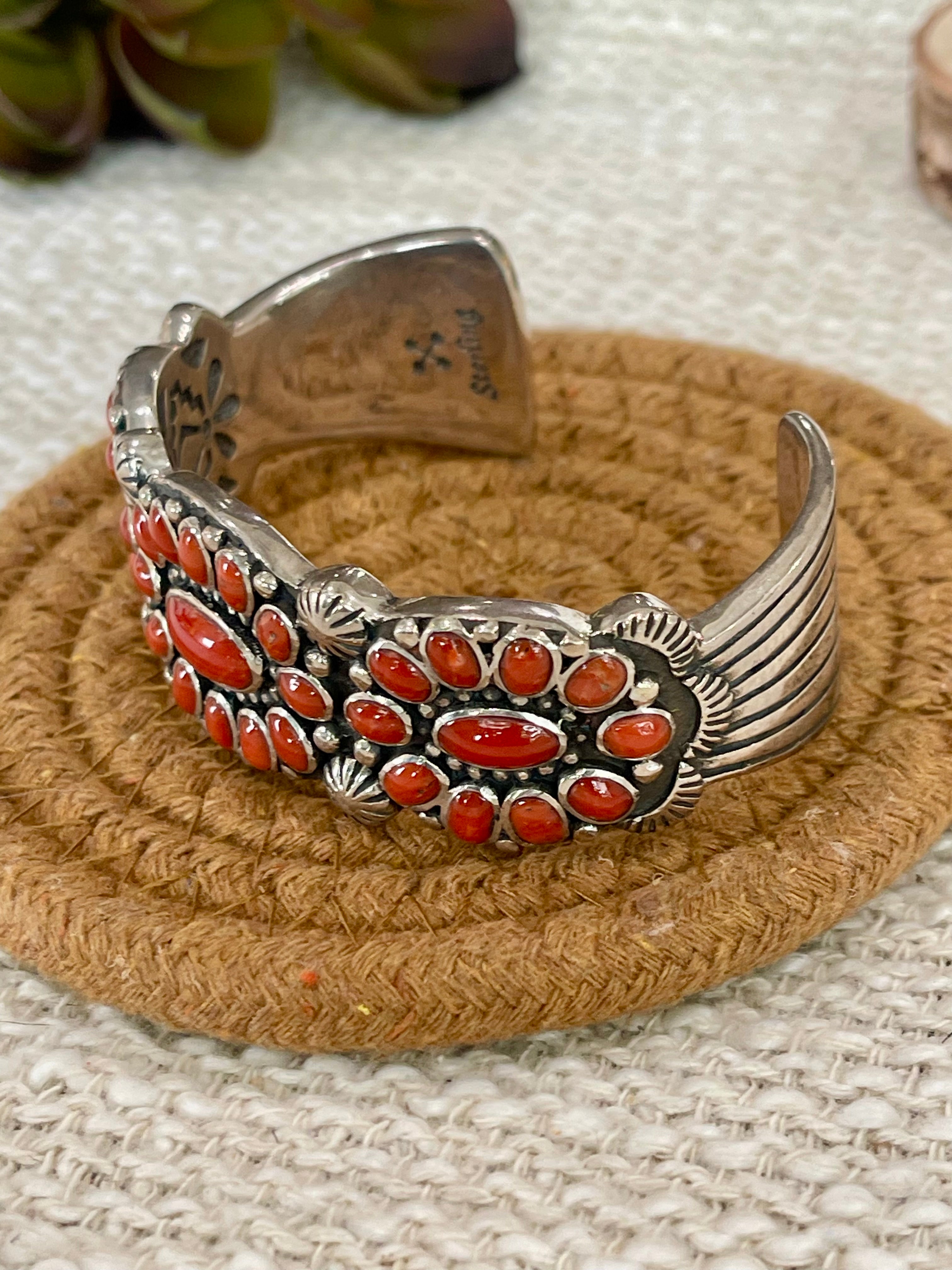 Handmade Coral & Sterling Silver Cluster Cuff Bracelet /