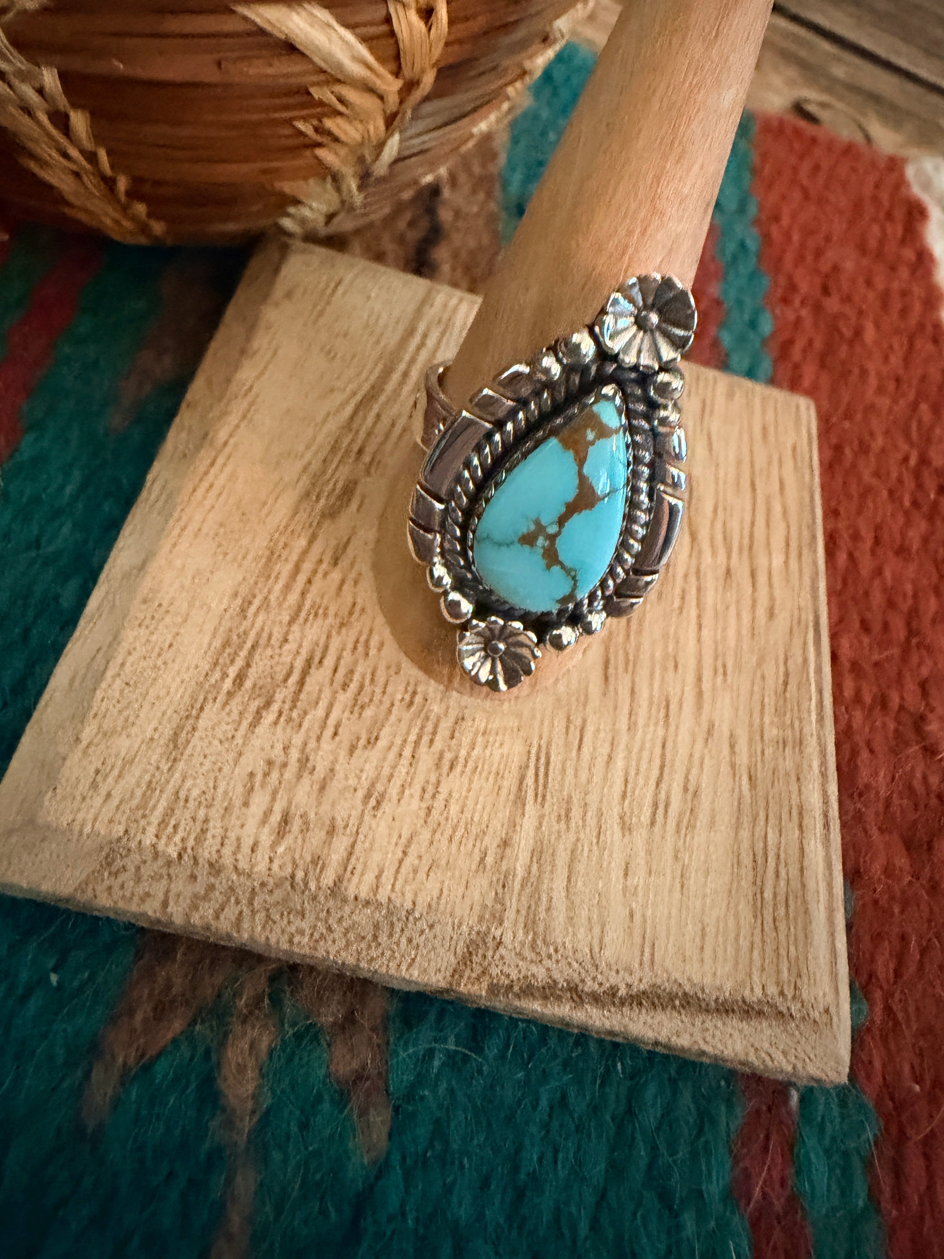 Handmade Sterling Silver Number 8 Turquoise Adjustable Ring Signed Nizhoni