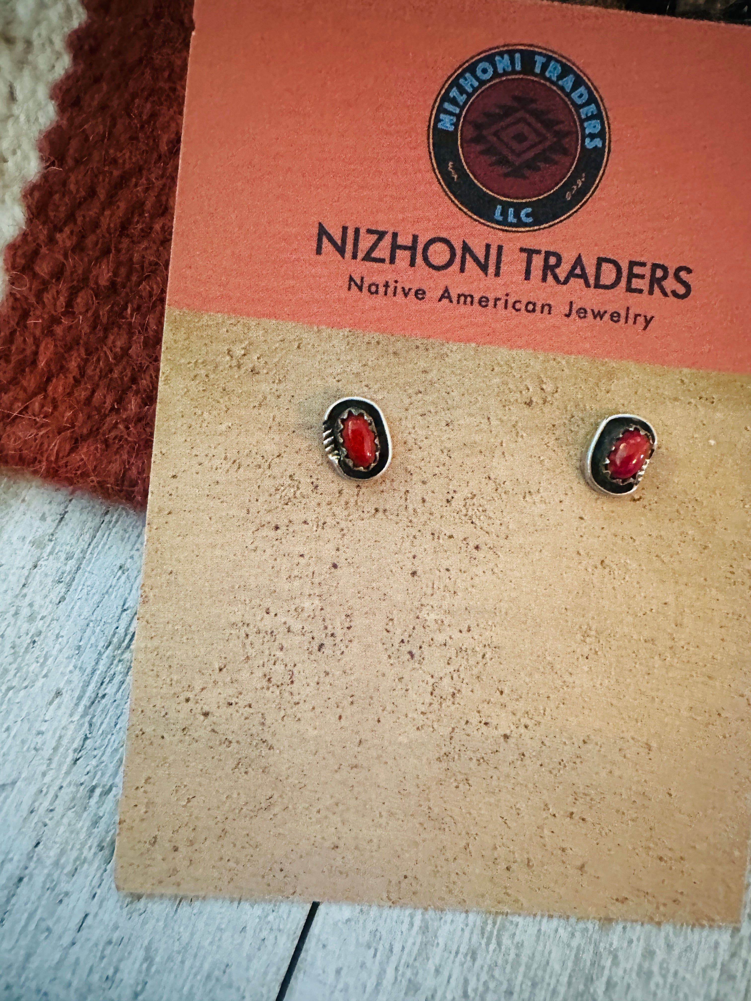 Navajo Coral and Sterling Silver Shadowbox Stud Earrings