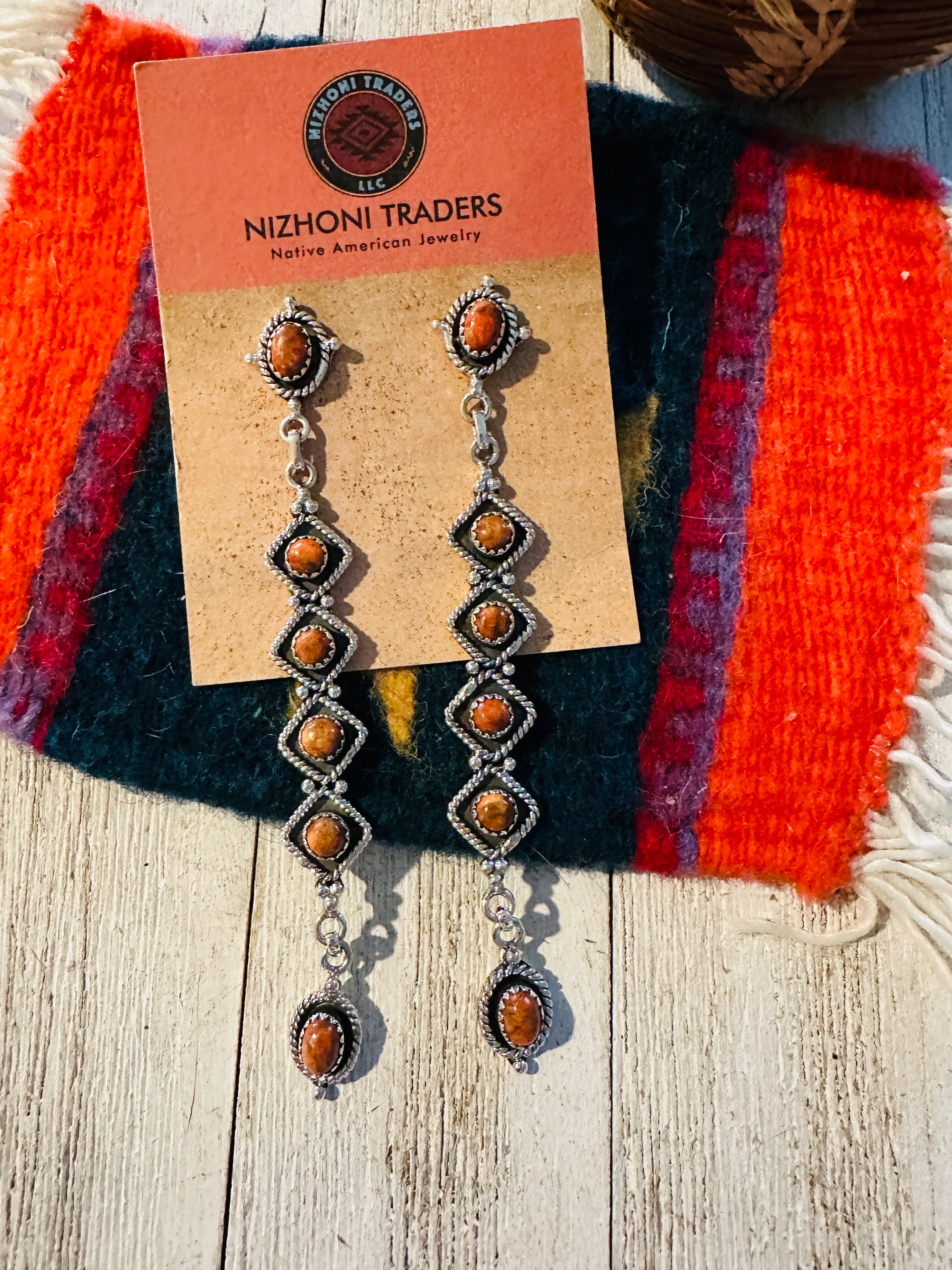 Handmade Orange Spiny & Sterling Silver Dangle Earrings Signed Nizhoni