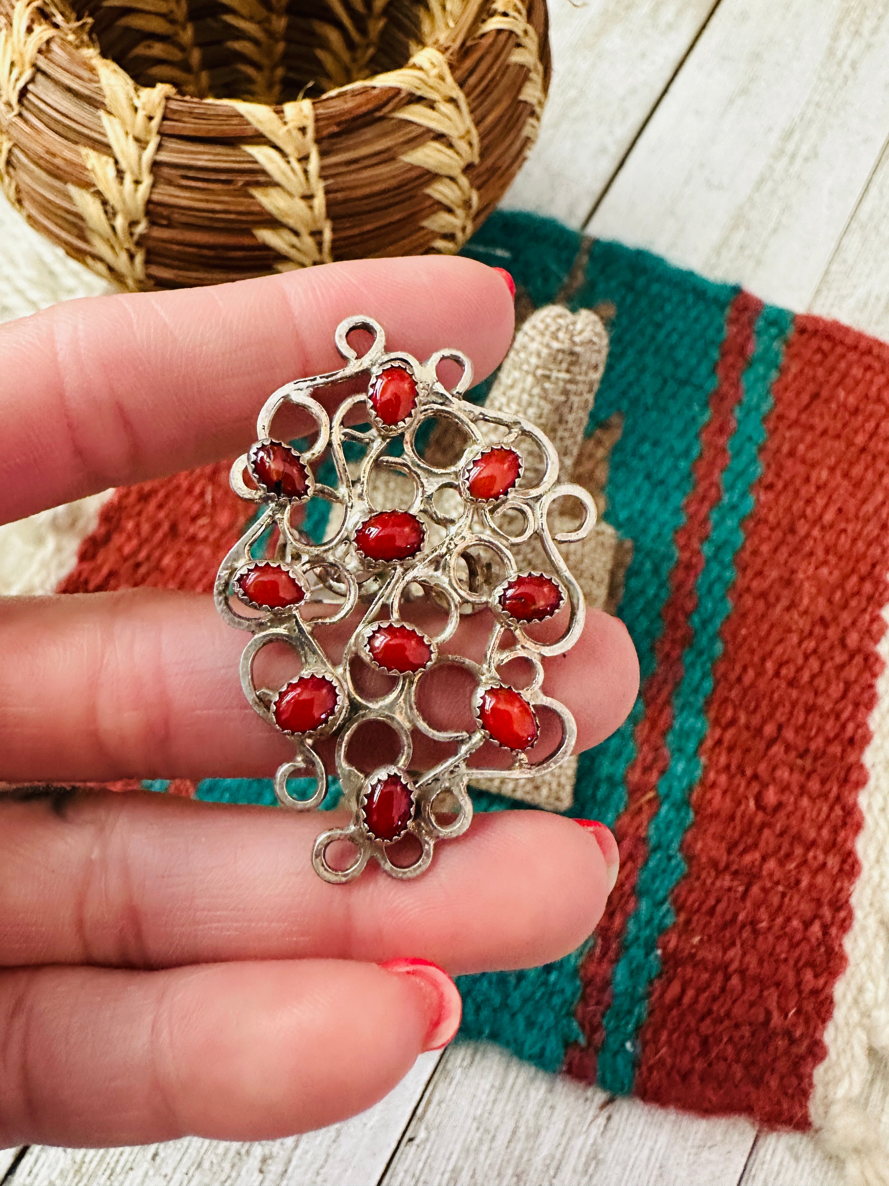 Handcrafted Sterling Silver & Coral Abstract Statement Ring Size 8.5