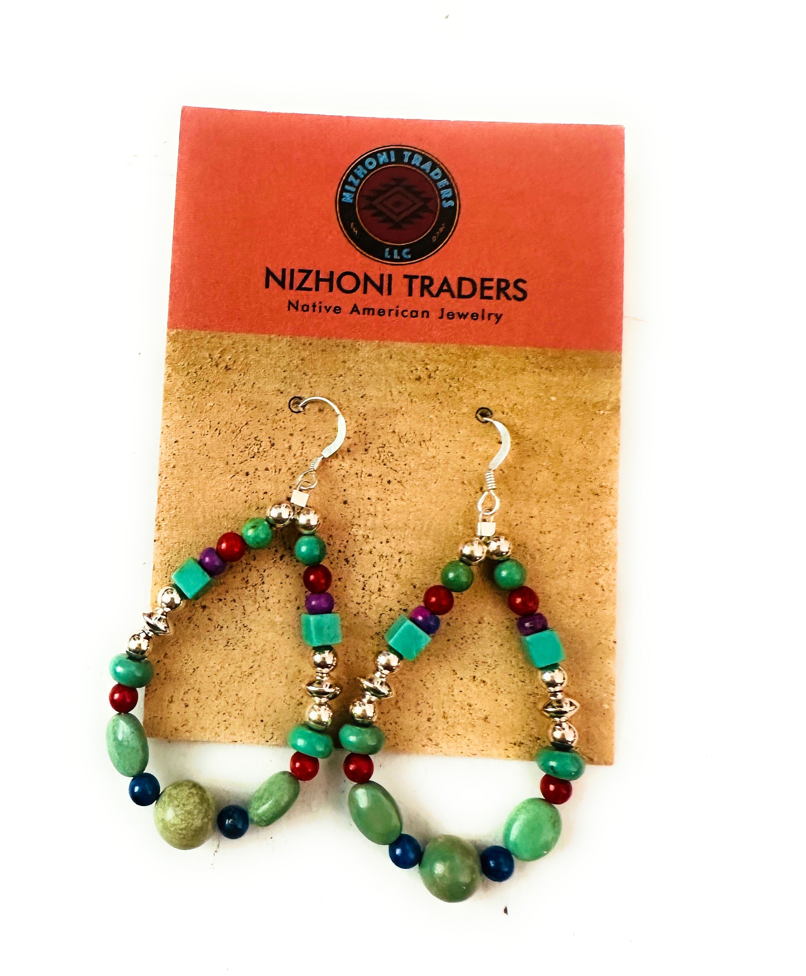 Navajo Multi Stone & Sterling Silver Dangle Hoop Earrings