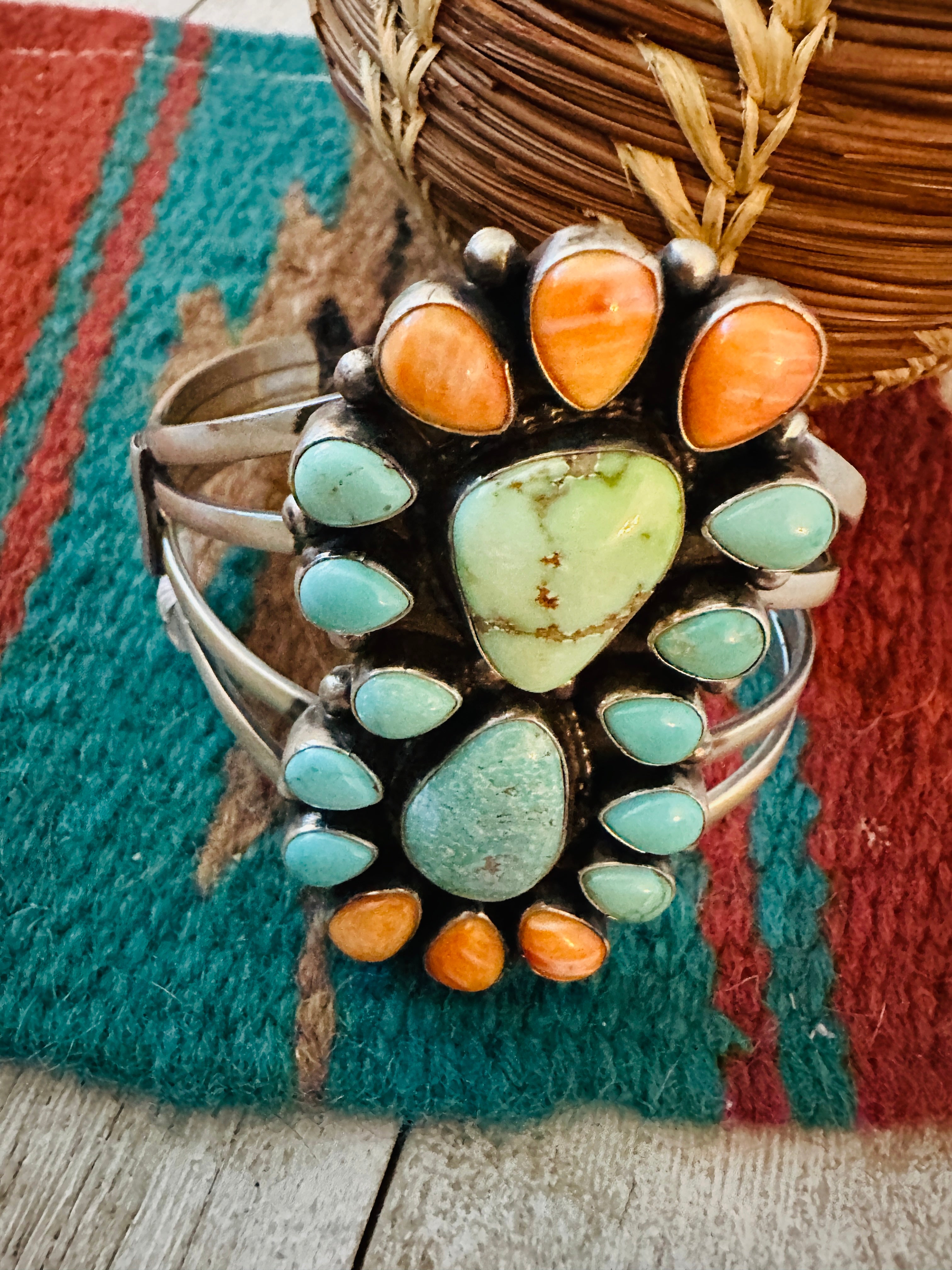 Spiny Oyster, Turquoise & Sterling Silver Cluster Cuff Bracelet /