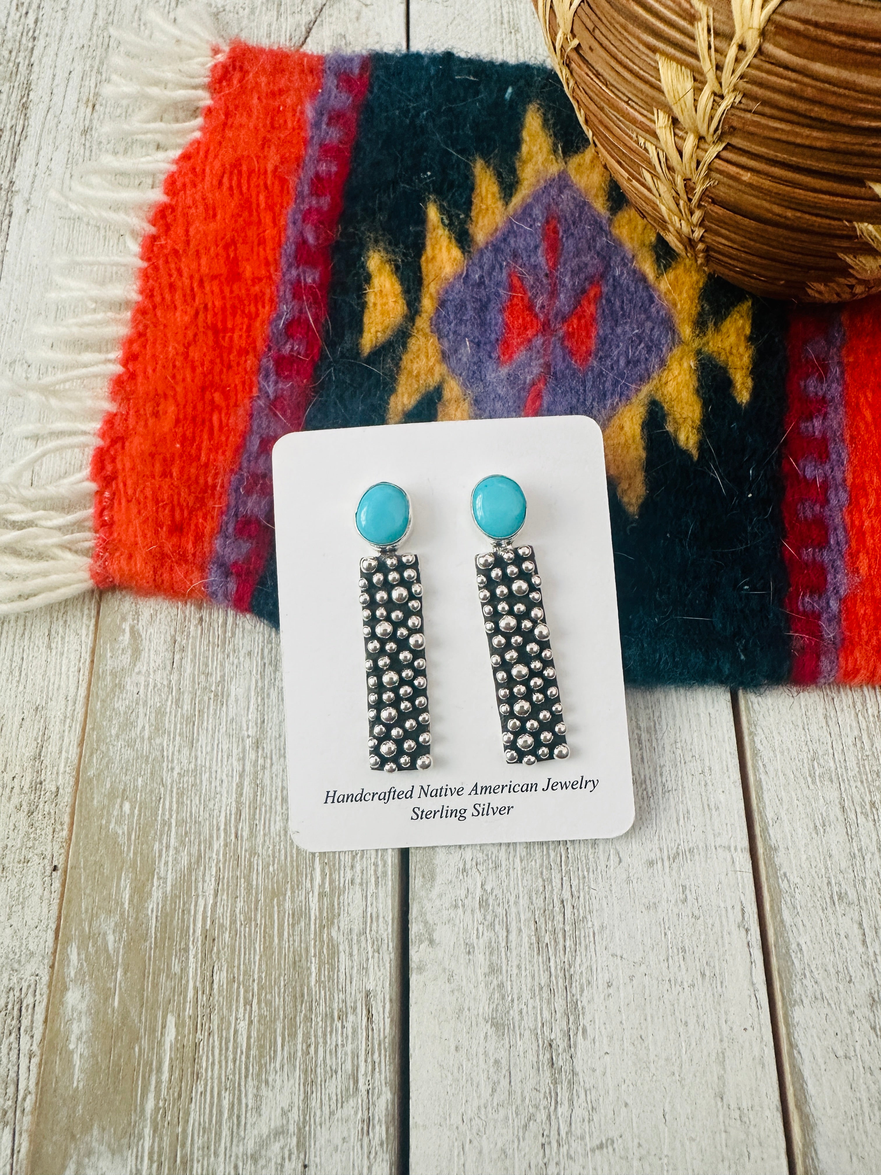 Navajo Turquoise And Sterling Silver Drop Earrings