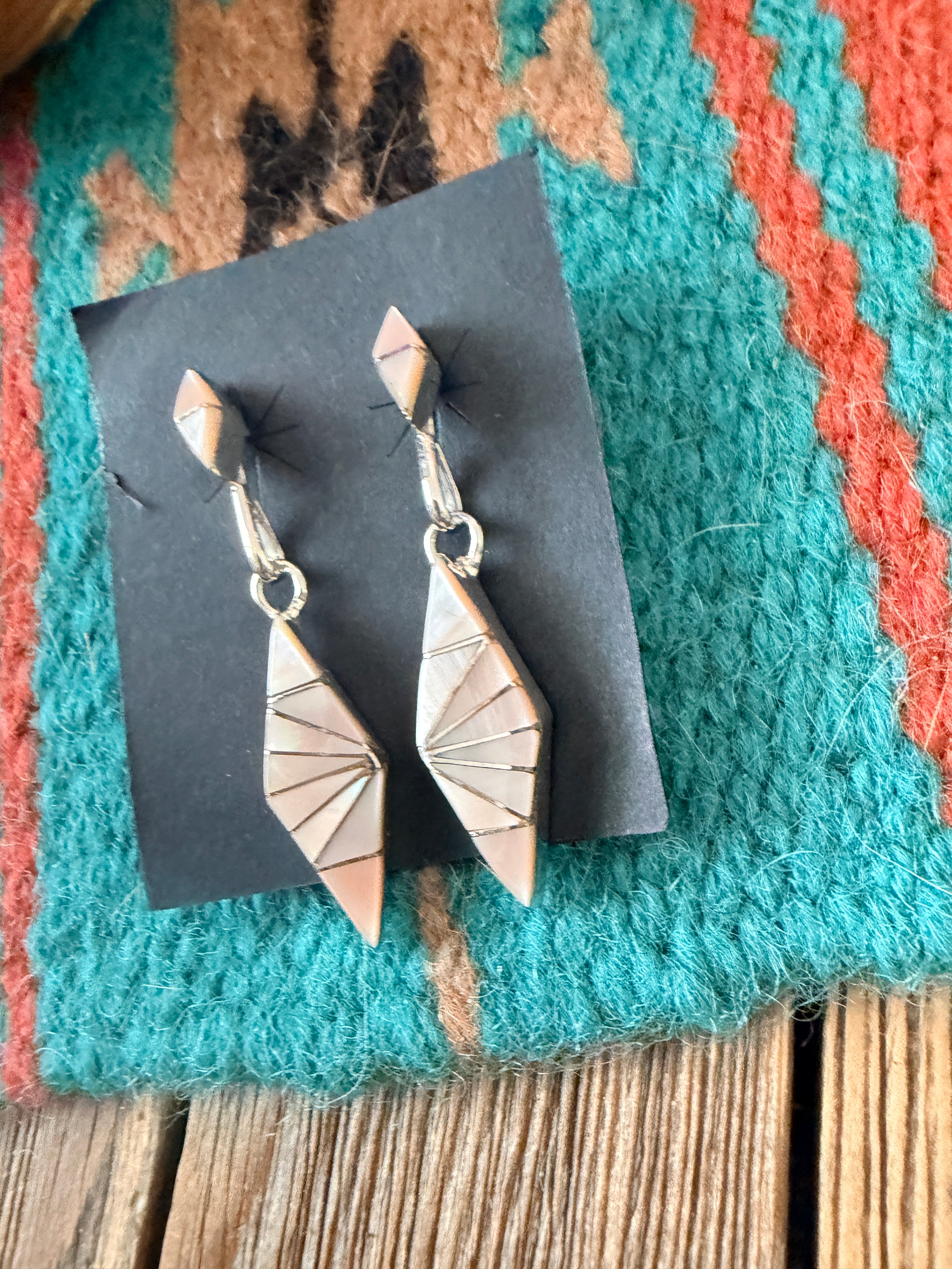 Handcrafted Mother of Pearl & Sterling Silver Inlay Dangle Earrings