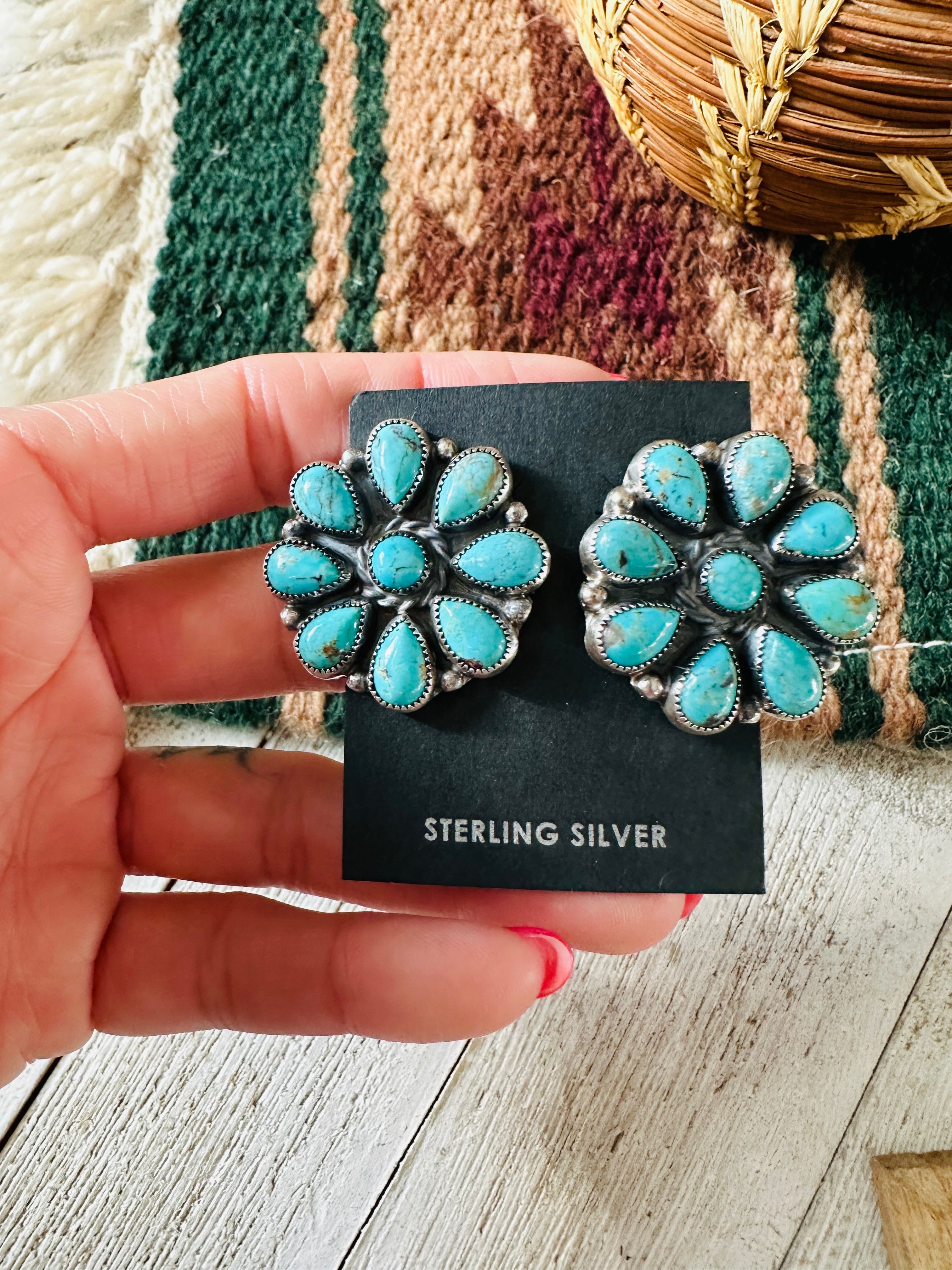 Navajo Sterling Silver & Turquoise Cluster Stud Earrings 1 1/8”