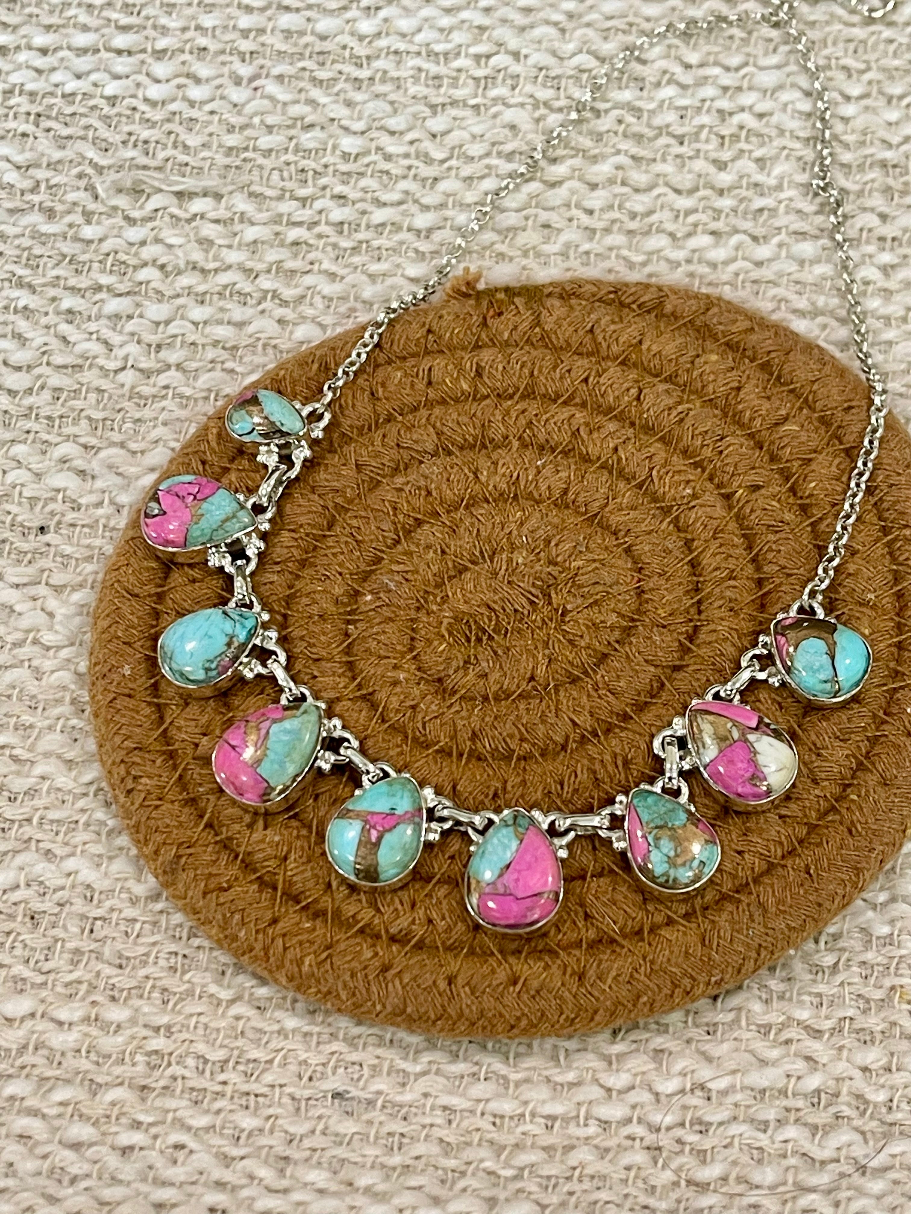Handmade Sterling Silver Cotton Candy Turquoise Necklace with Signed Nizhoni