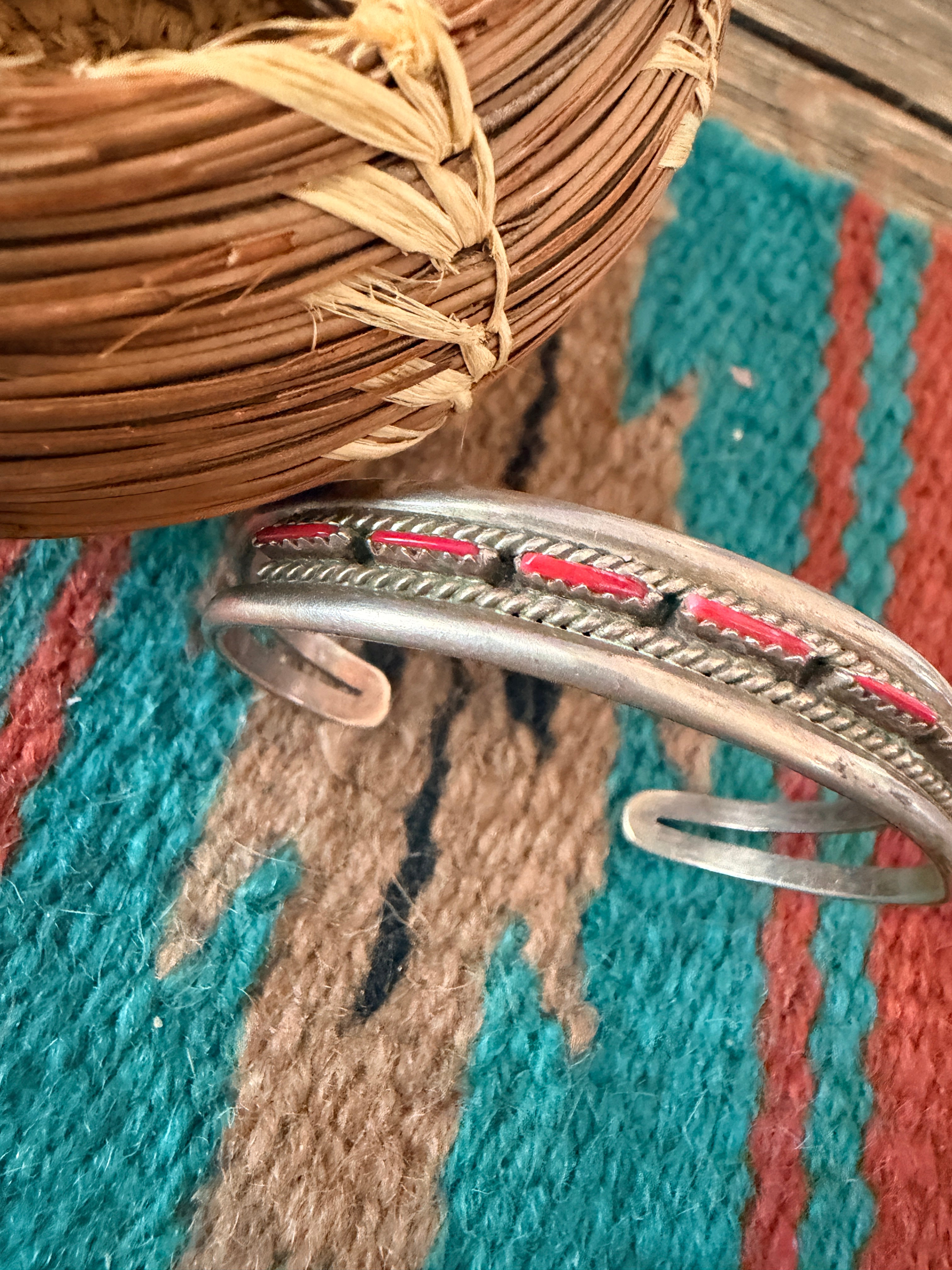Handcrafted Old Pawn Sterling Silver & Coral Needlepoint Cuff Bracelet