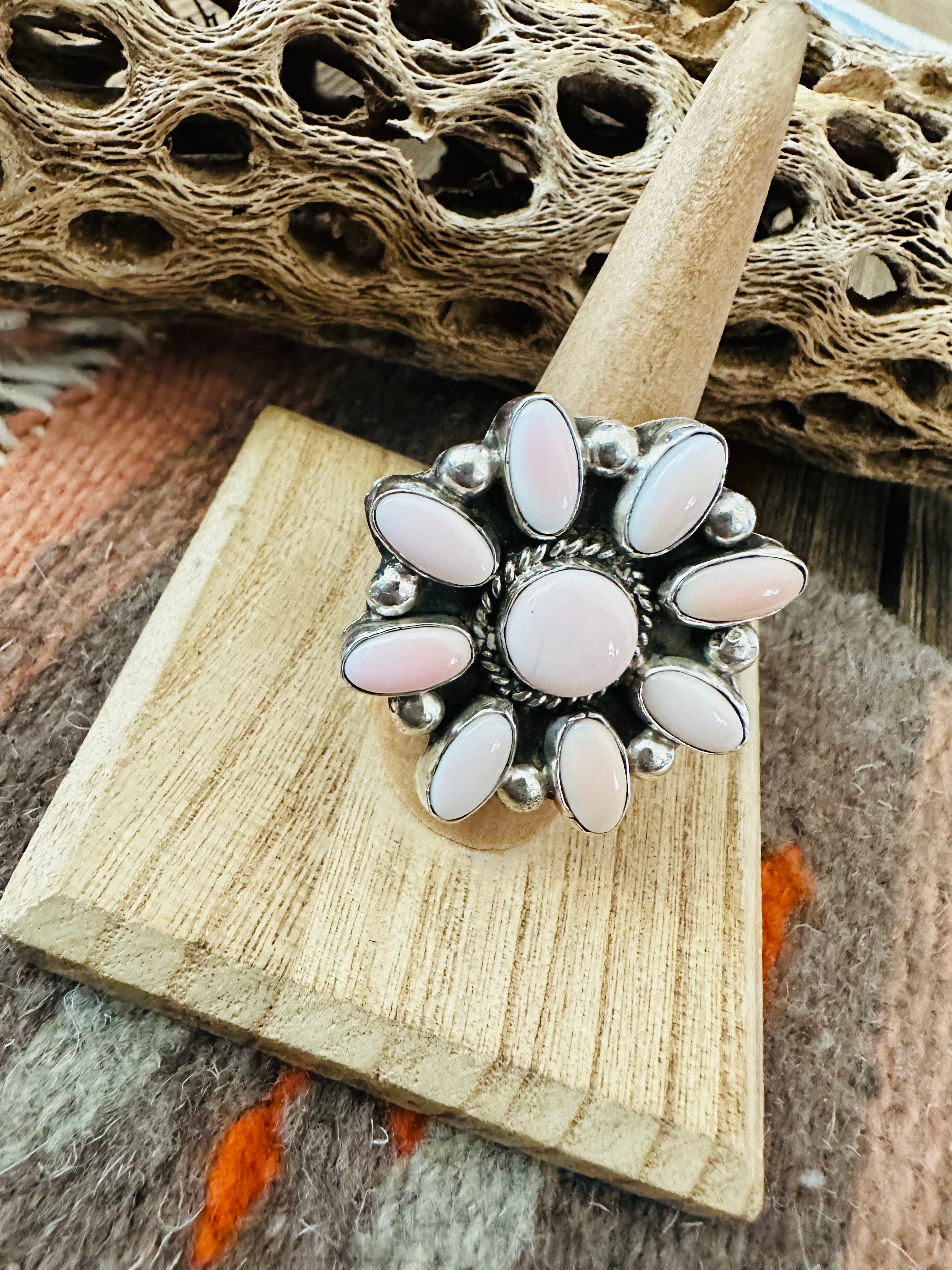 Handcrafted Sterling Silver and Queen Pink Conch Shell Adjustable Flower Ring