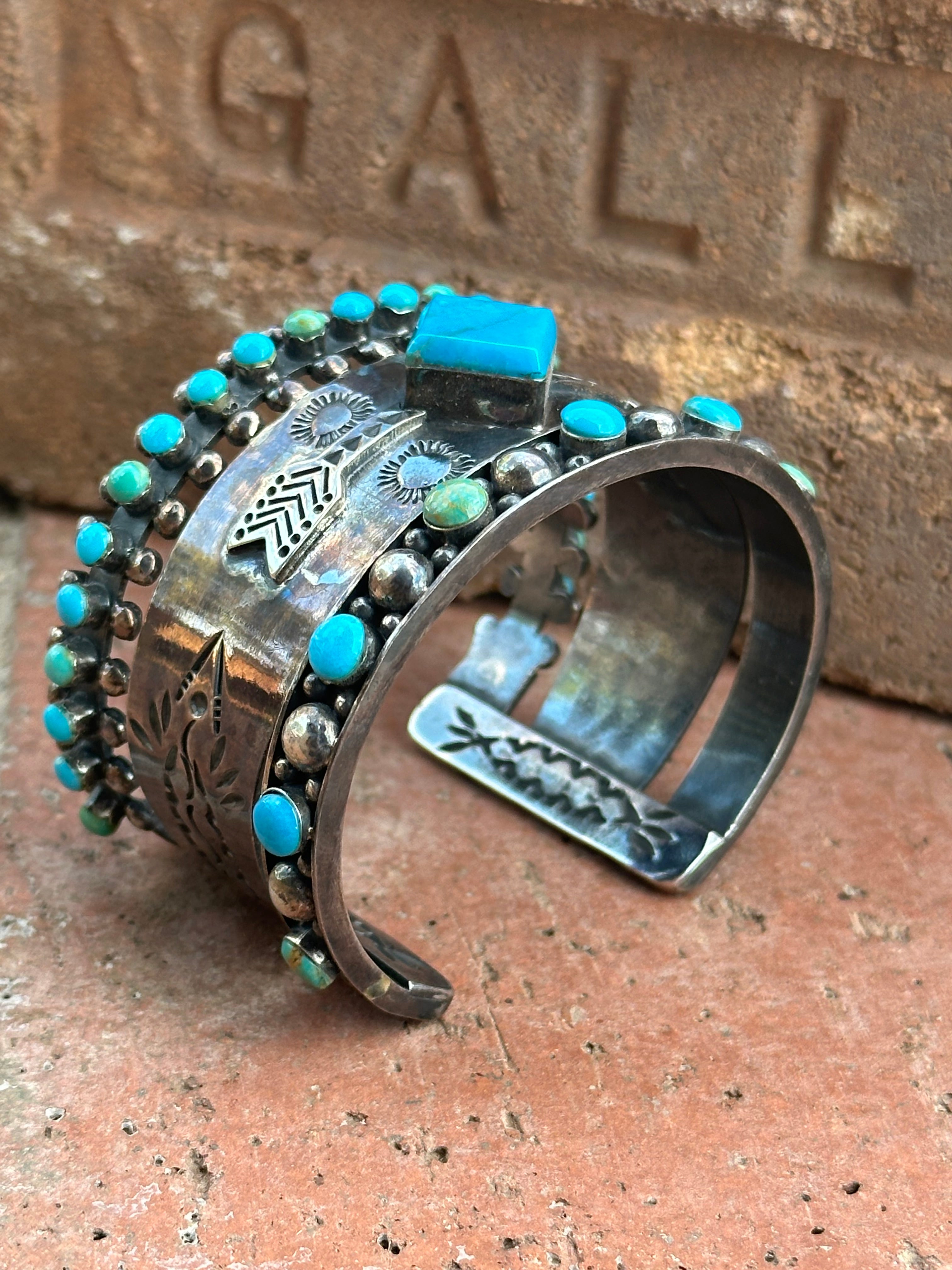 Handmade Sterling Silver Sleeping Beauty and Royston Turquoise Thunderbird Cuff