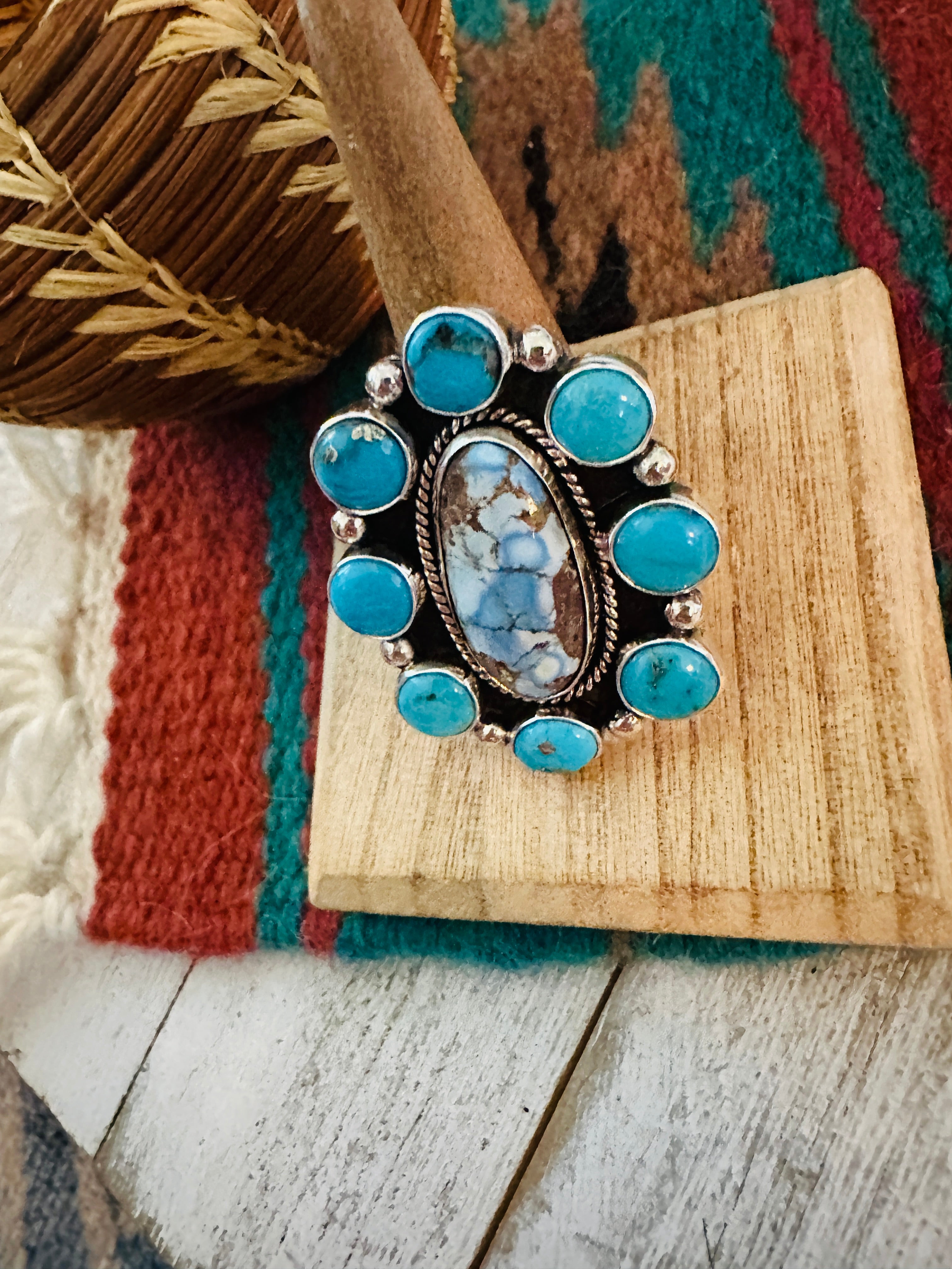 Navajo Sterling Silver & Multi Turquoise Cluster Adjustable Ring