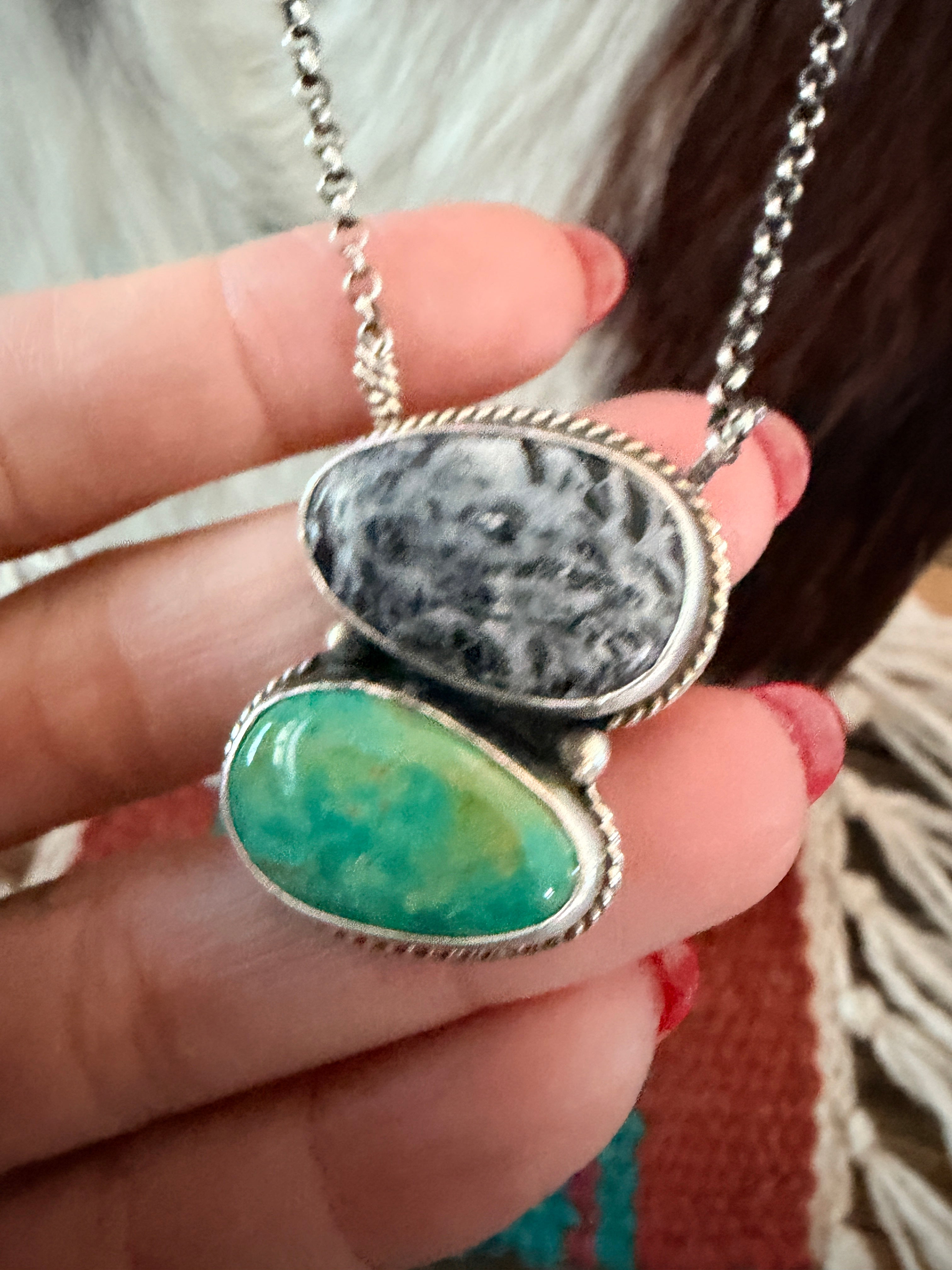 Handmade Sterling Silver, White Buffalo & Tyrone Turquoise Necklace