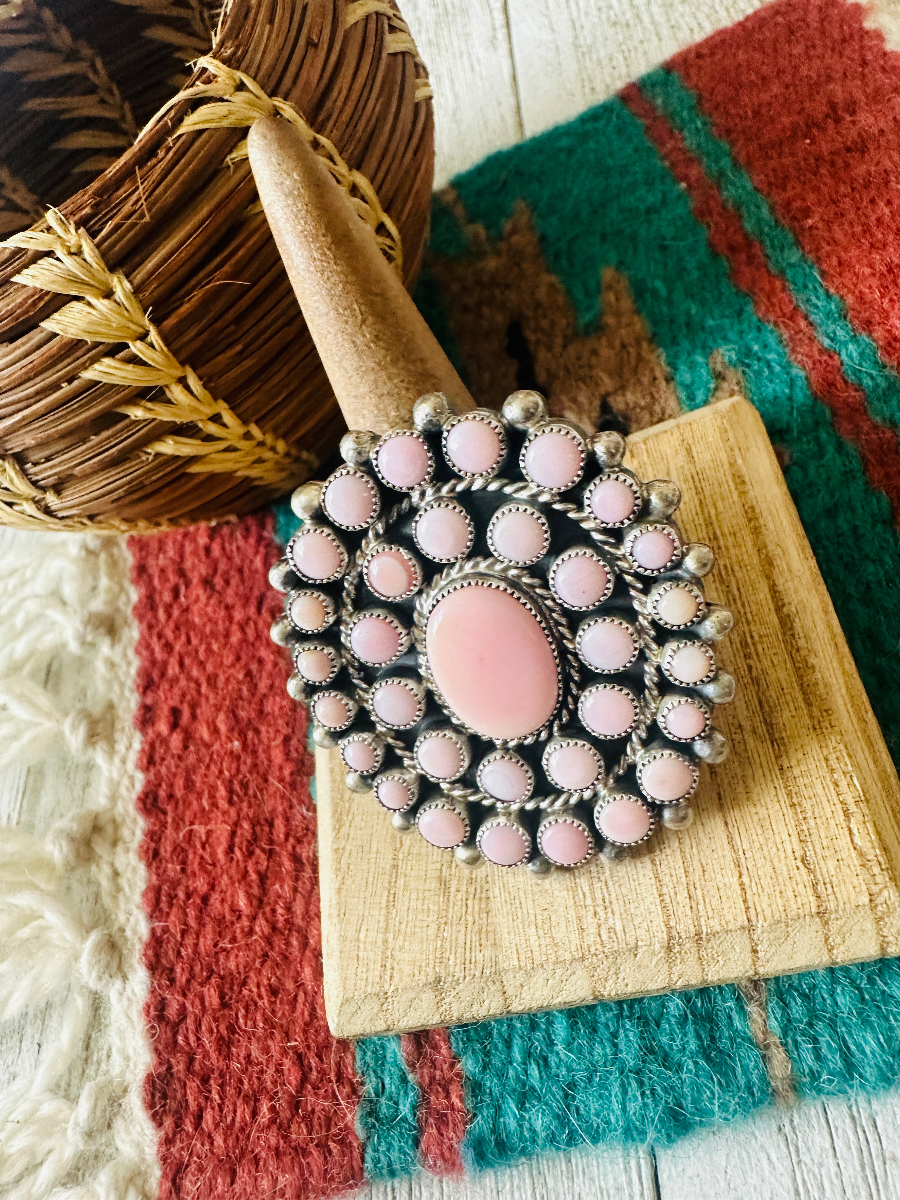 Navajo Sterling Silver & Queen Pink Conch Cluster Adjustable Ring