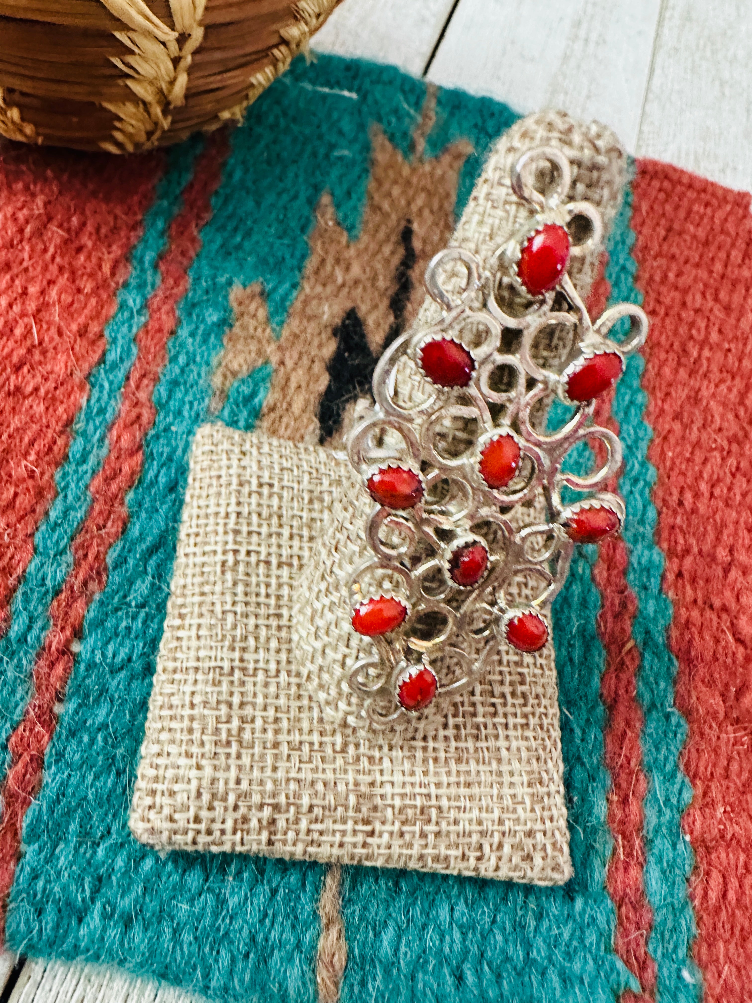 Handcrafted Sterling Silver & Coral Abstract Statement Ring Size 8.5