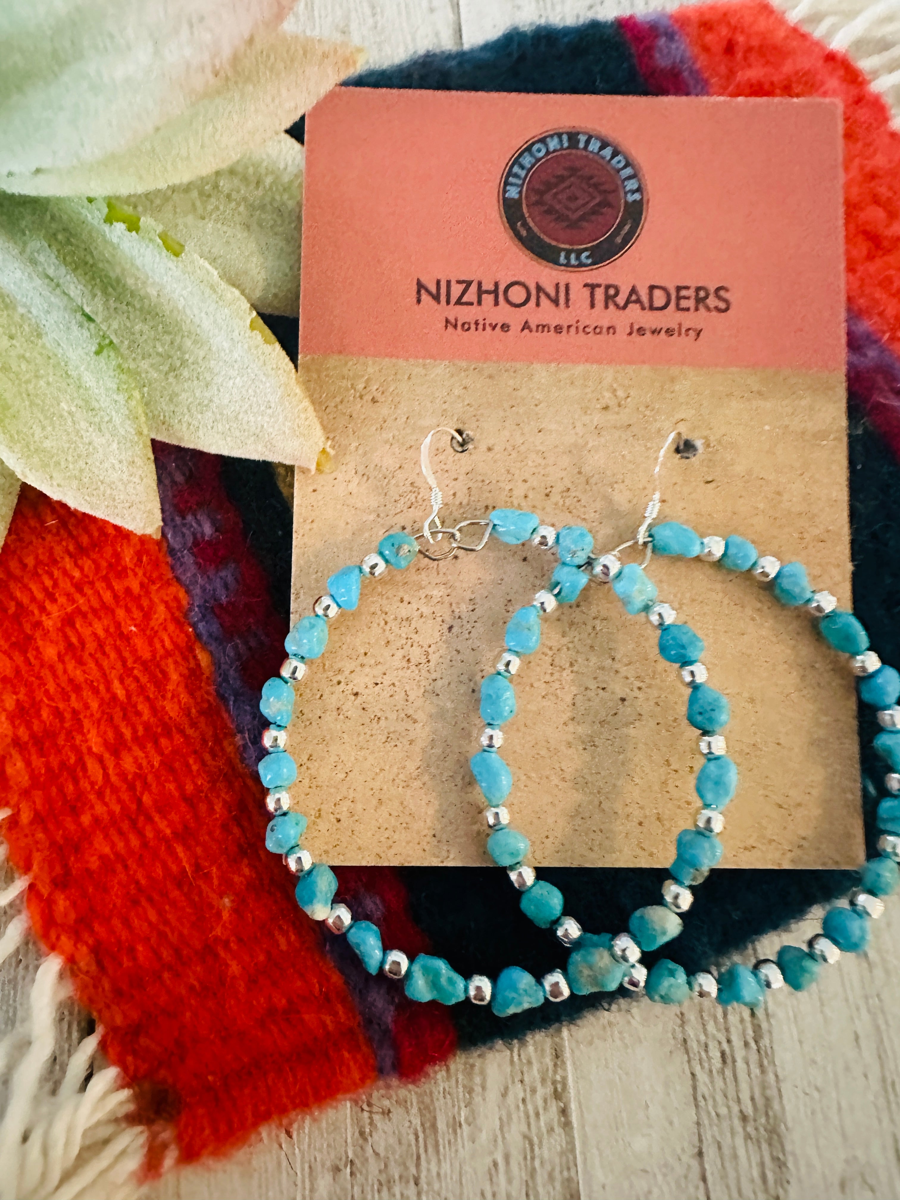 Navajo Turquoise & Sterling Silver Beaded Hoop Dangle Earrings