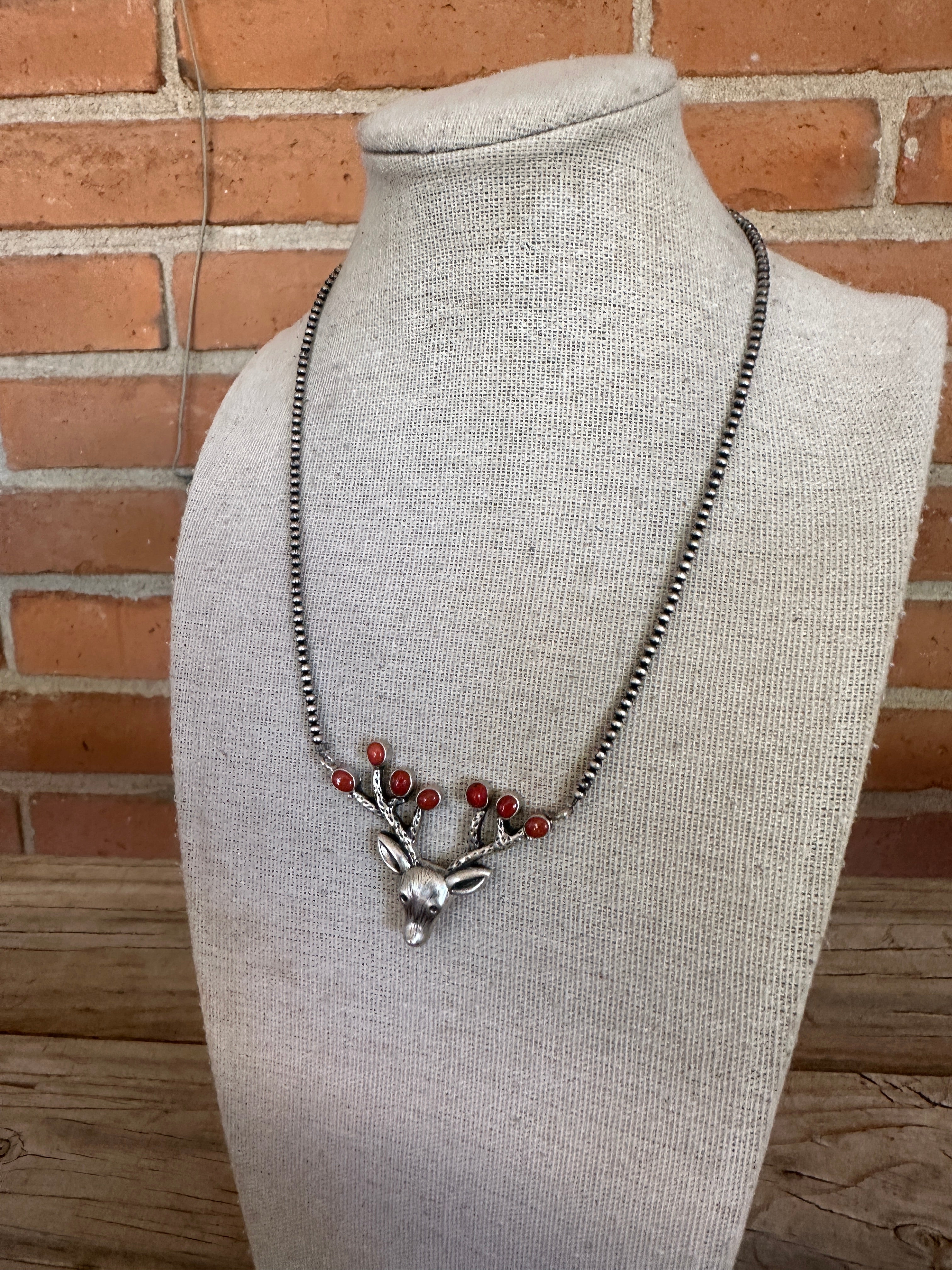 Handmade Sterling Silver Coral Beaded Reindeer Necklace