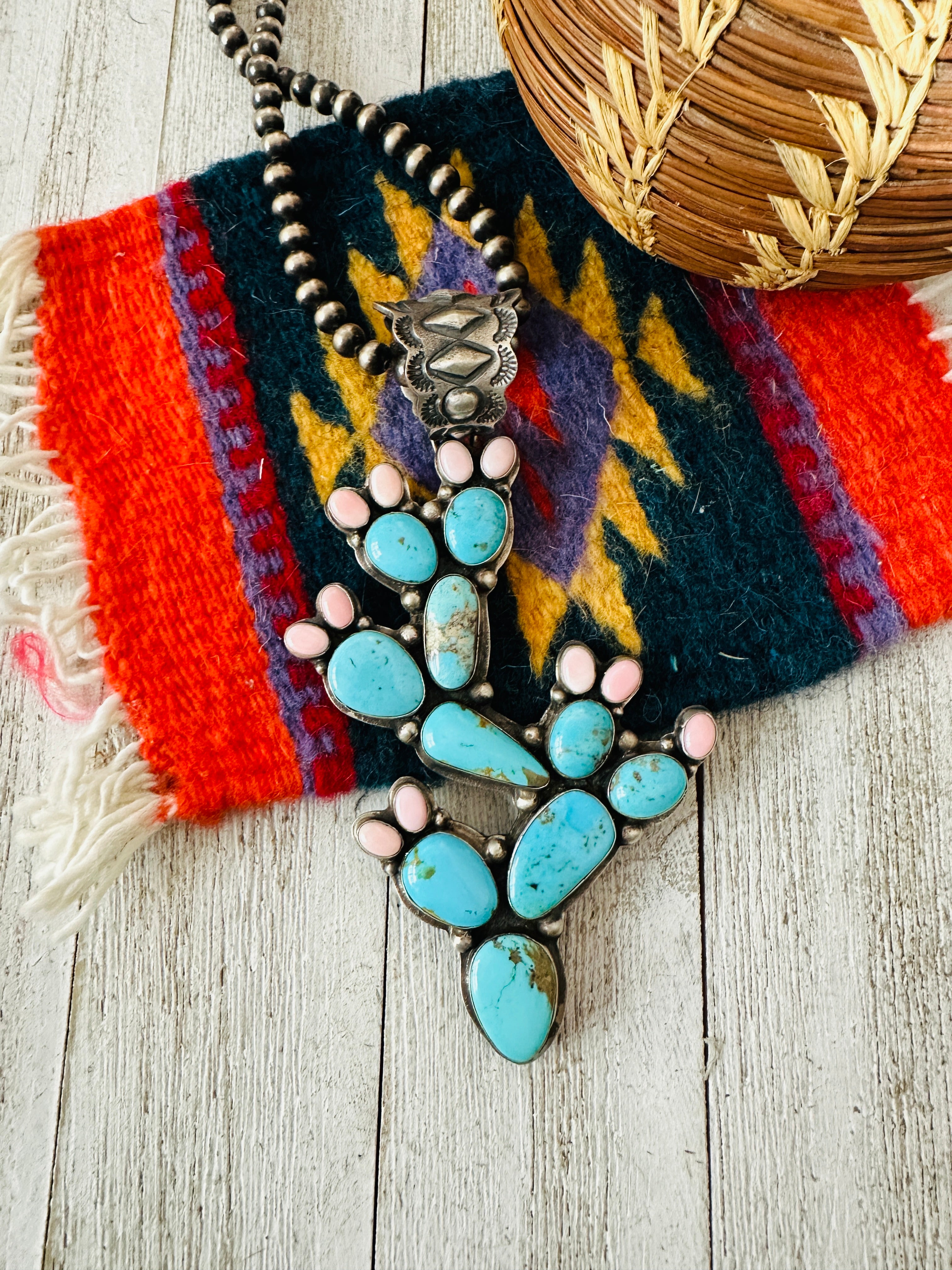 Navajo Turquoise, Queen Pink and Sterling Silver Cactus Pendant